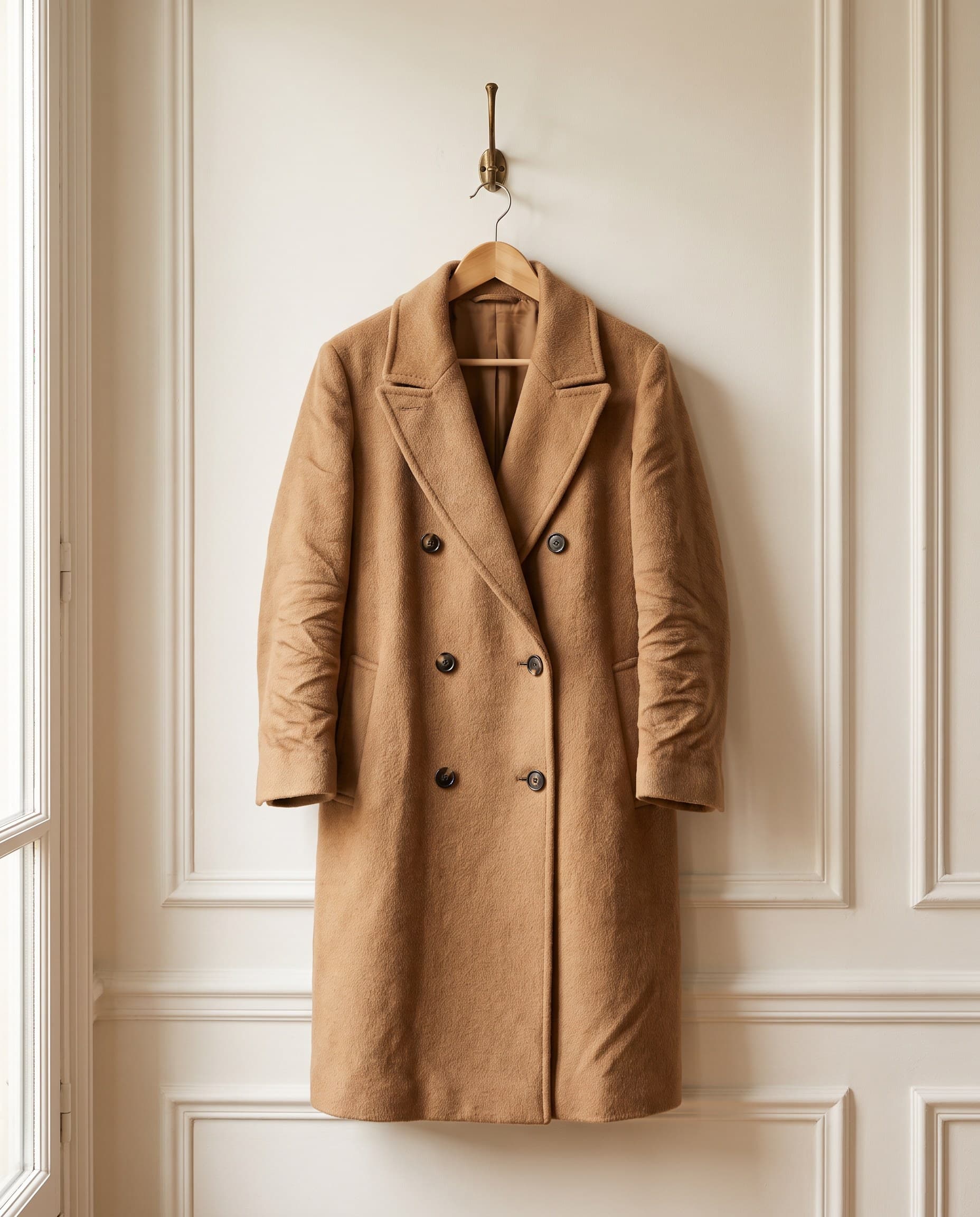 Un manteau en laine camel suspendu au mur