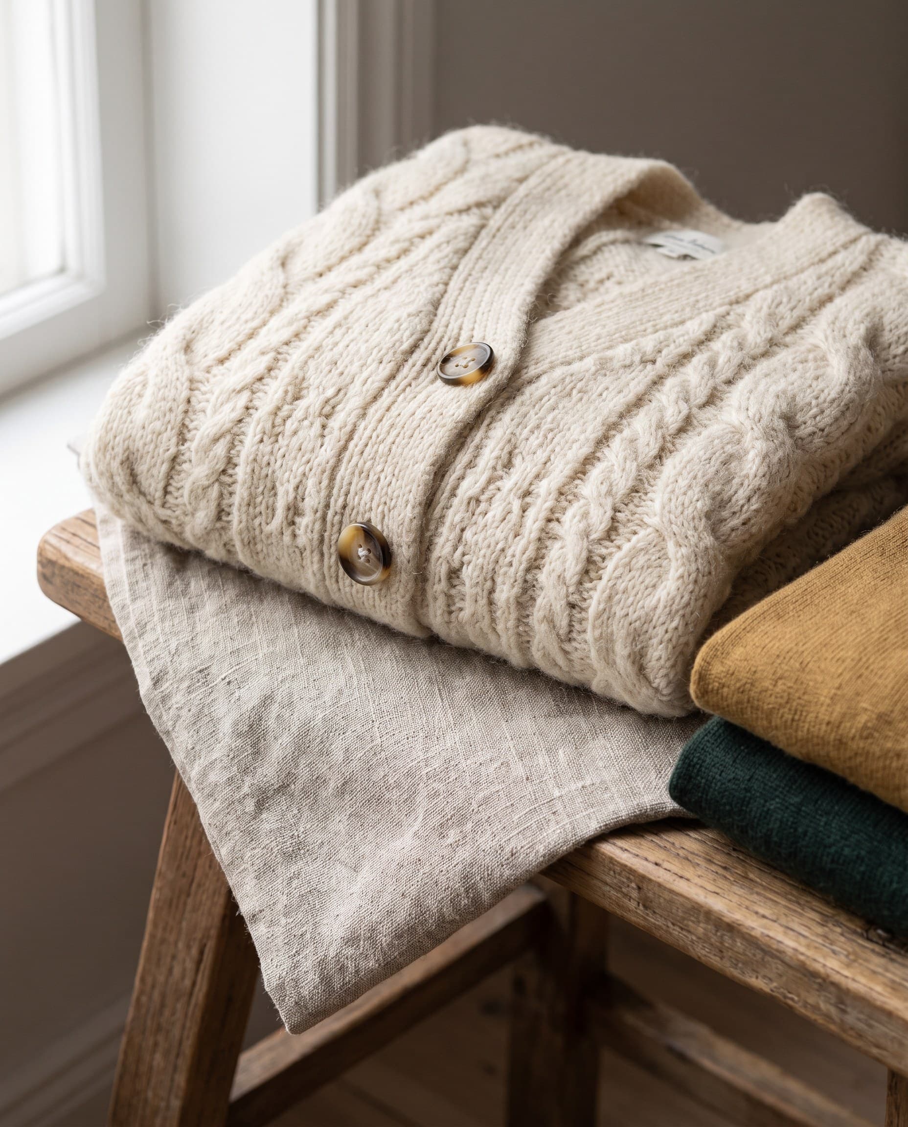 Un cardigan torsadé crème plié sur un tabouret