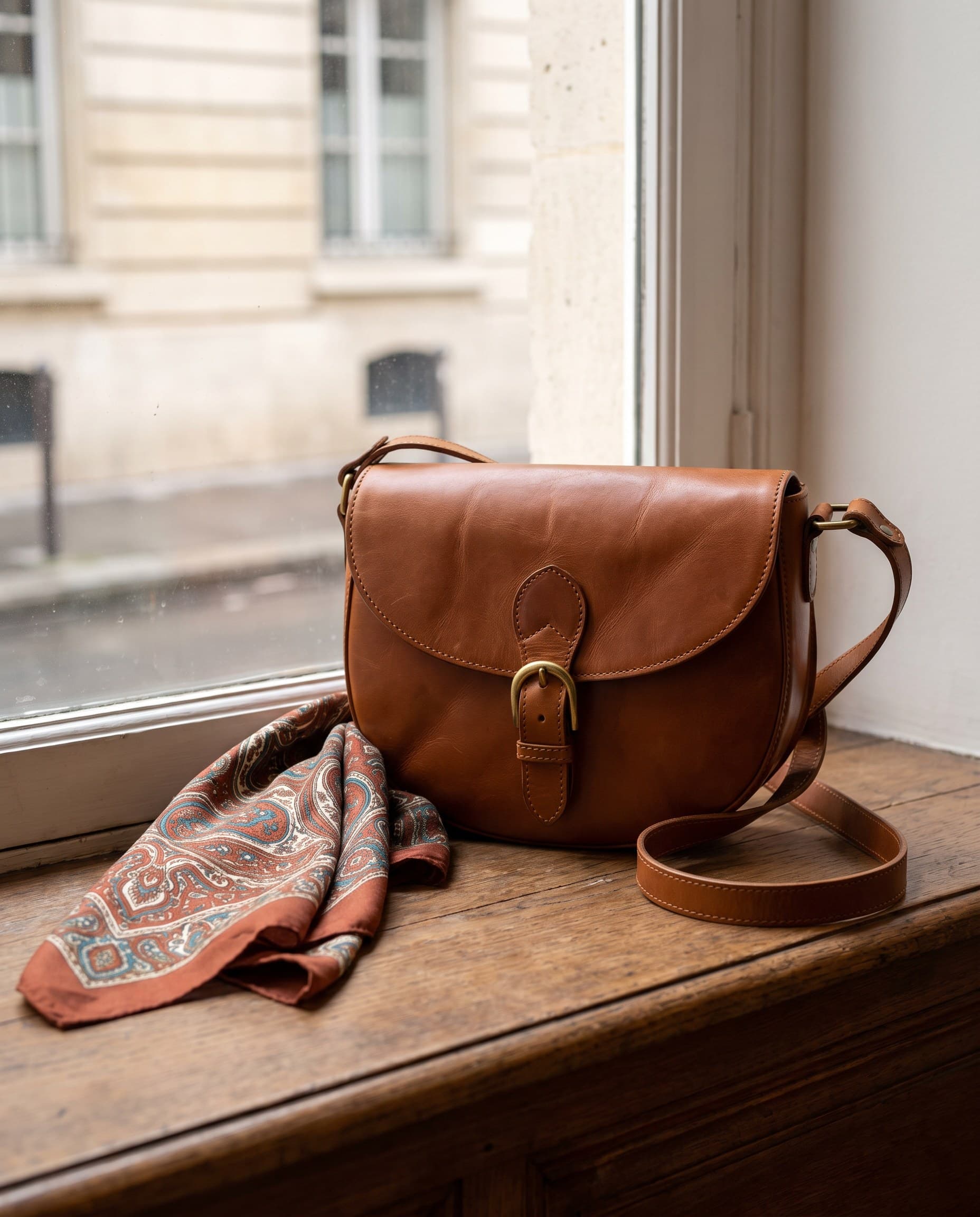 Une besace en cuir cognac près de la fenêtre, un foulard à côté