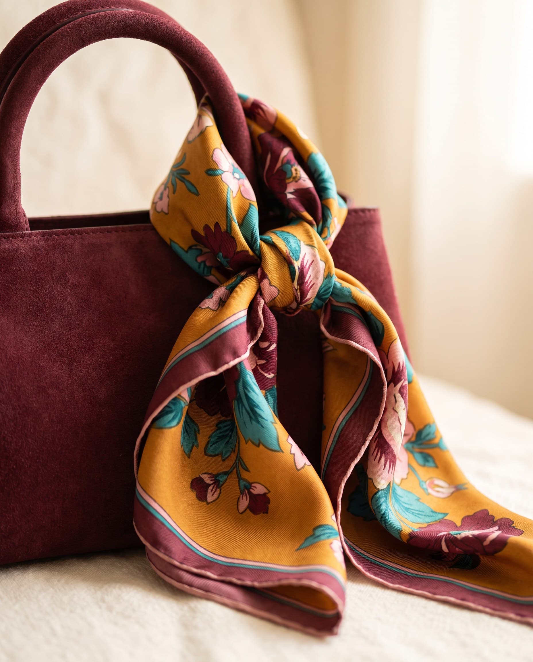 Un foulard en soie noué à l'anse d'un sac