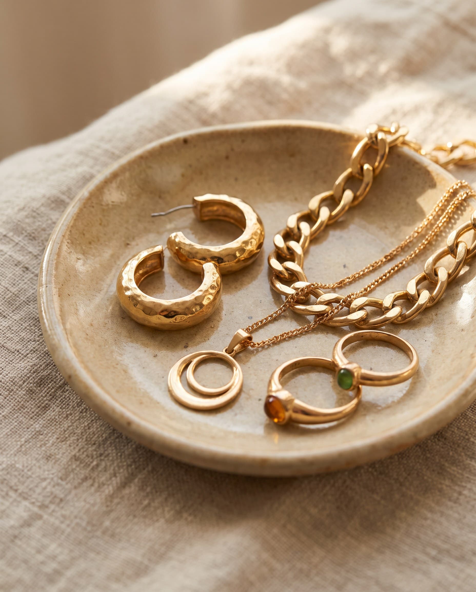 Des bijoux dorés dans une coupelle en céramique