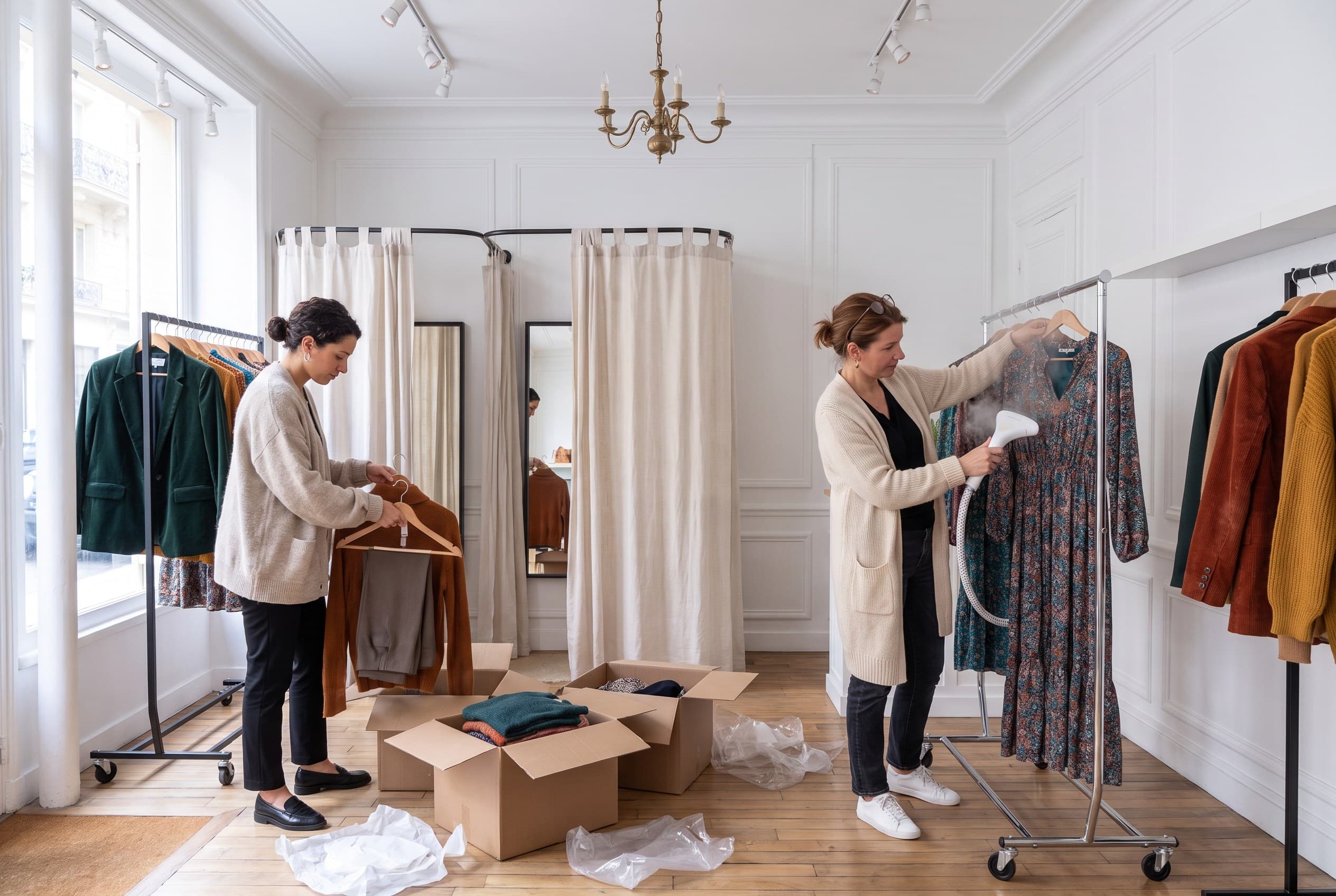 Claire défroisse une robe pendant que Lou déballe l'arrivage