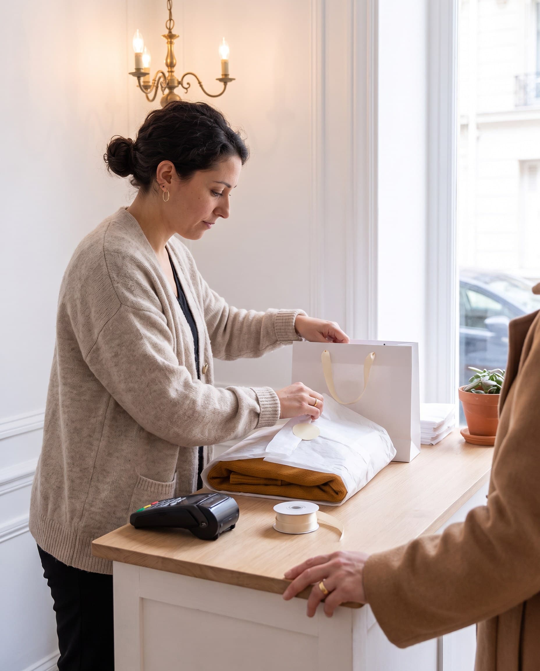 Lou emballe un pull dans le papier de soie, au comptoir