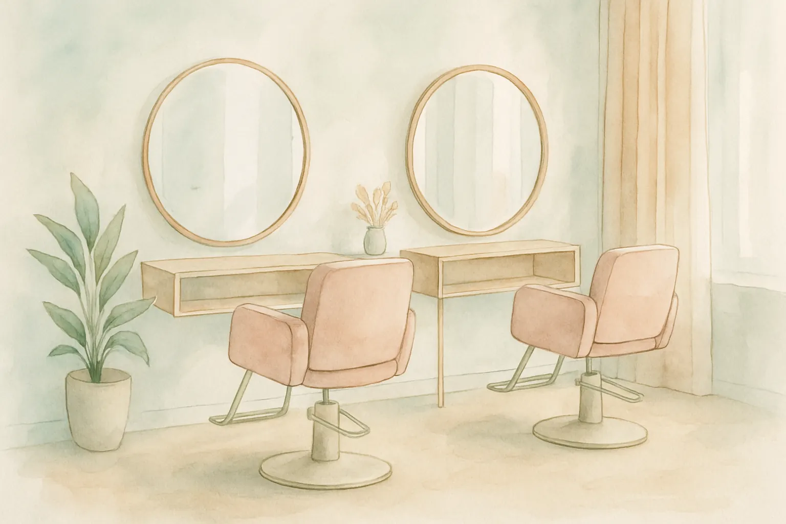 Le salon : deux postes de coiffure lumineux, plantes et miroirs ronds