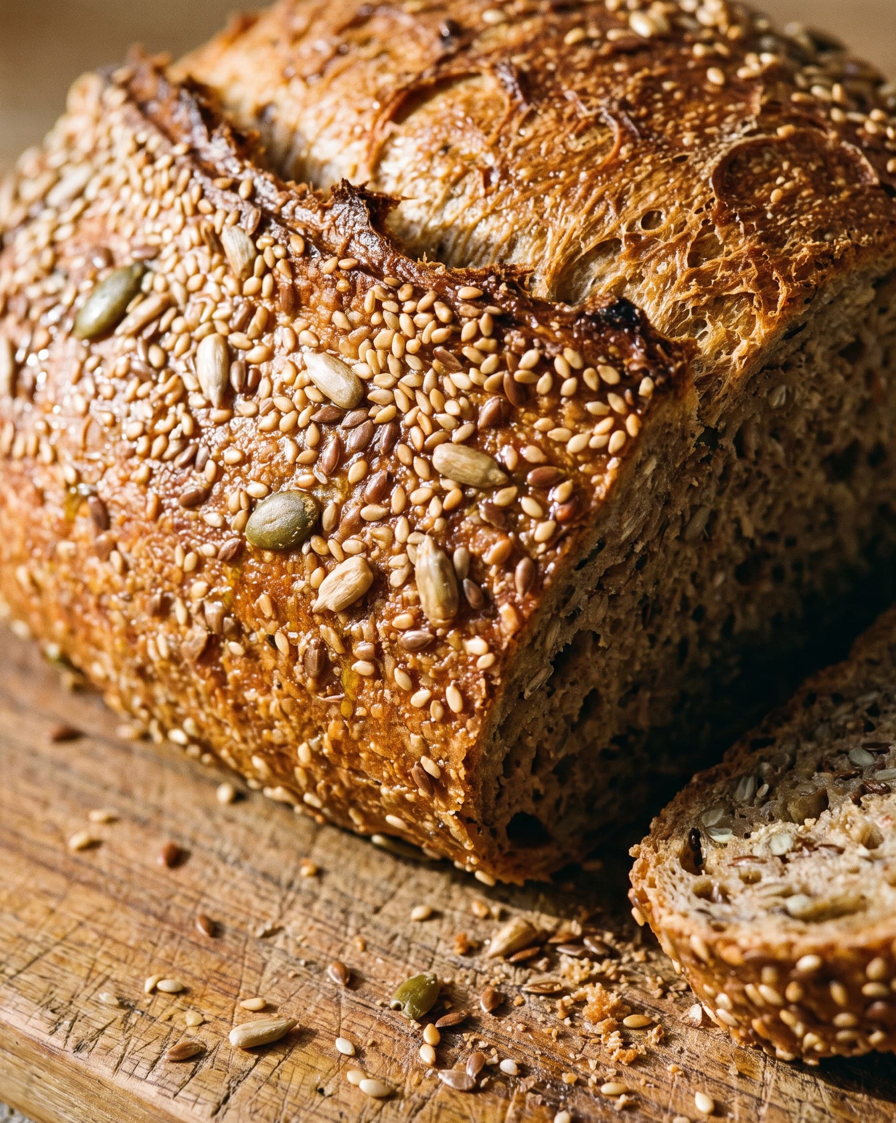 Pain aux céréales couvert de graines, une tranche coupée
