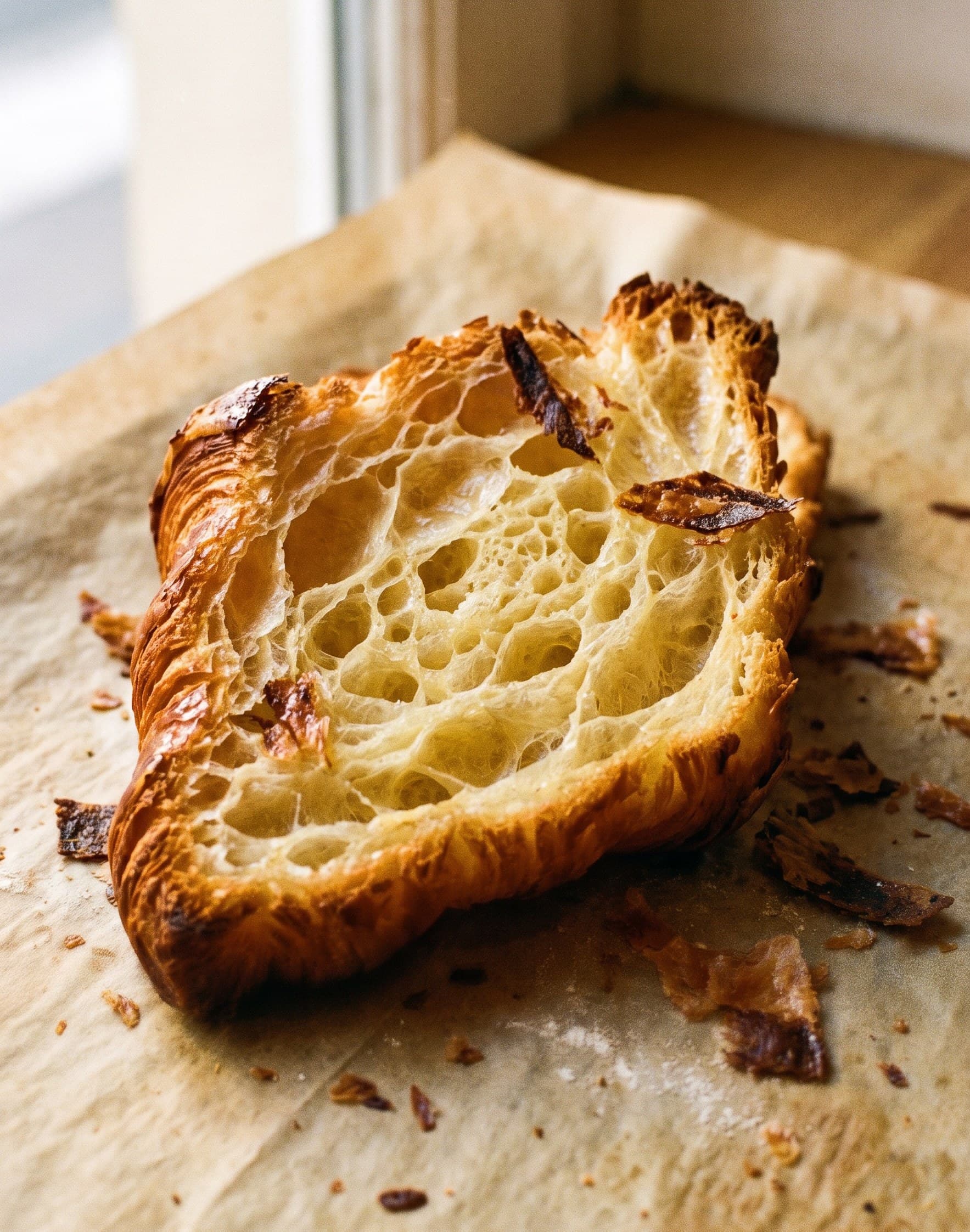 Croissant ouvert sur son feuilletage alvéolé