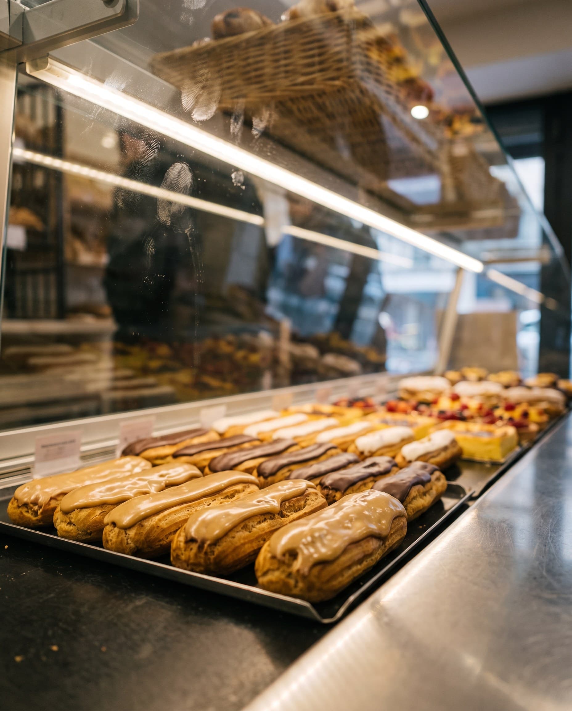 Éclairs alignés dans la vitrine réfrigérée