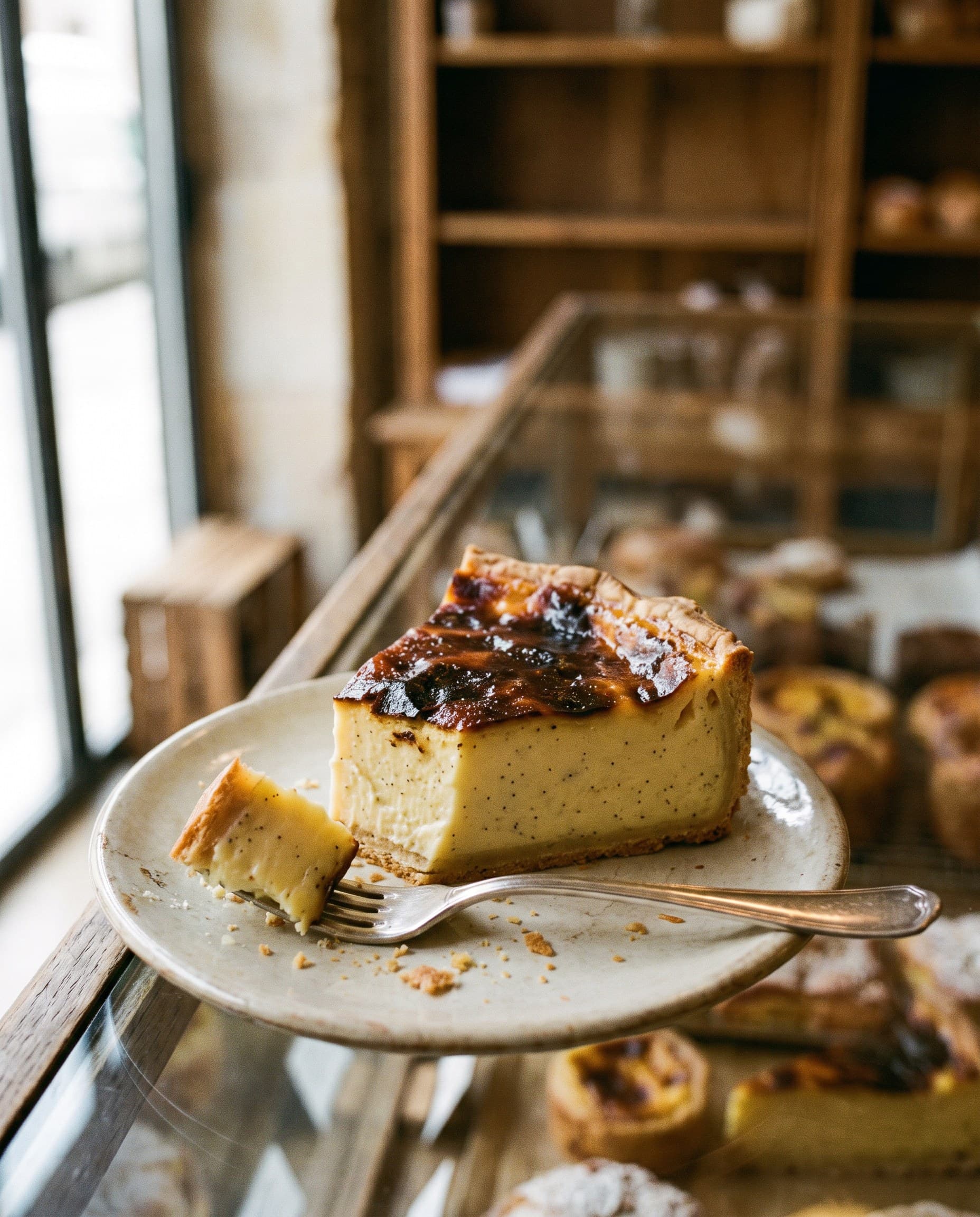 Part de flan pâtissier à la croûte caramélisée, sur une assiette