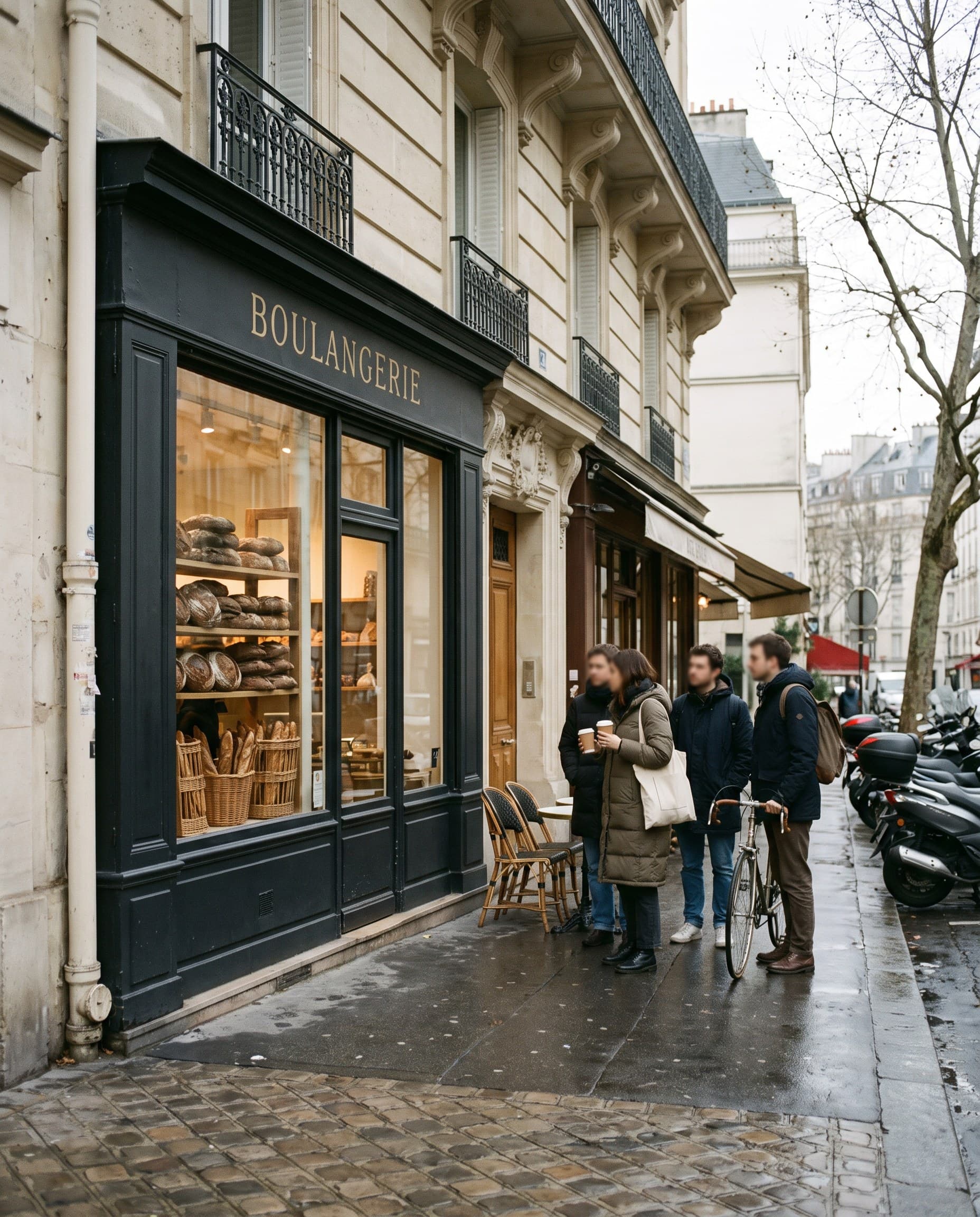 La devanture noire « BOULANGERIE » rue des Tanneurs, quelques clients attendent sur le trottoir