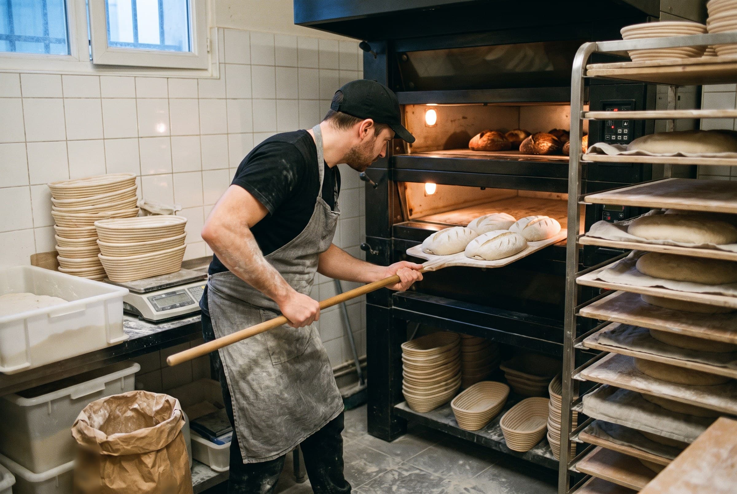Le boulanger enfourne des miches crues sur une pelle
