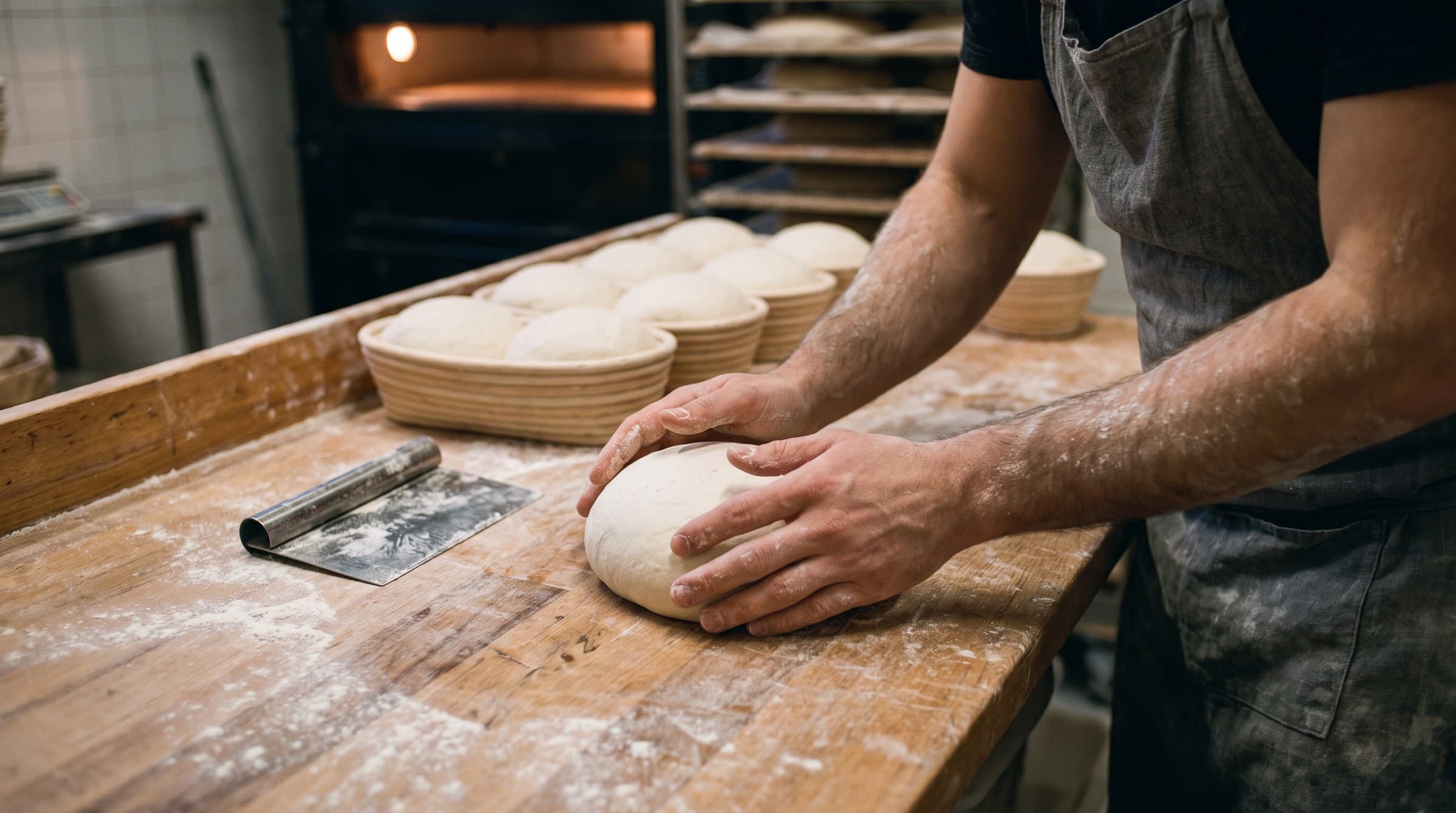 Des mains façonnent un pâton, les bannetons attendent derrière