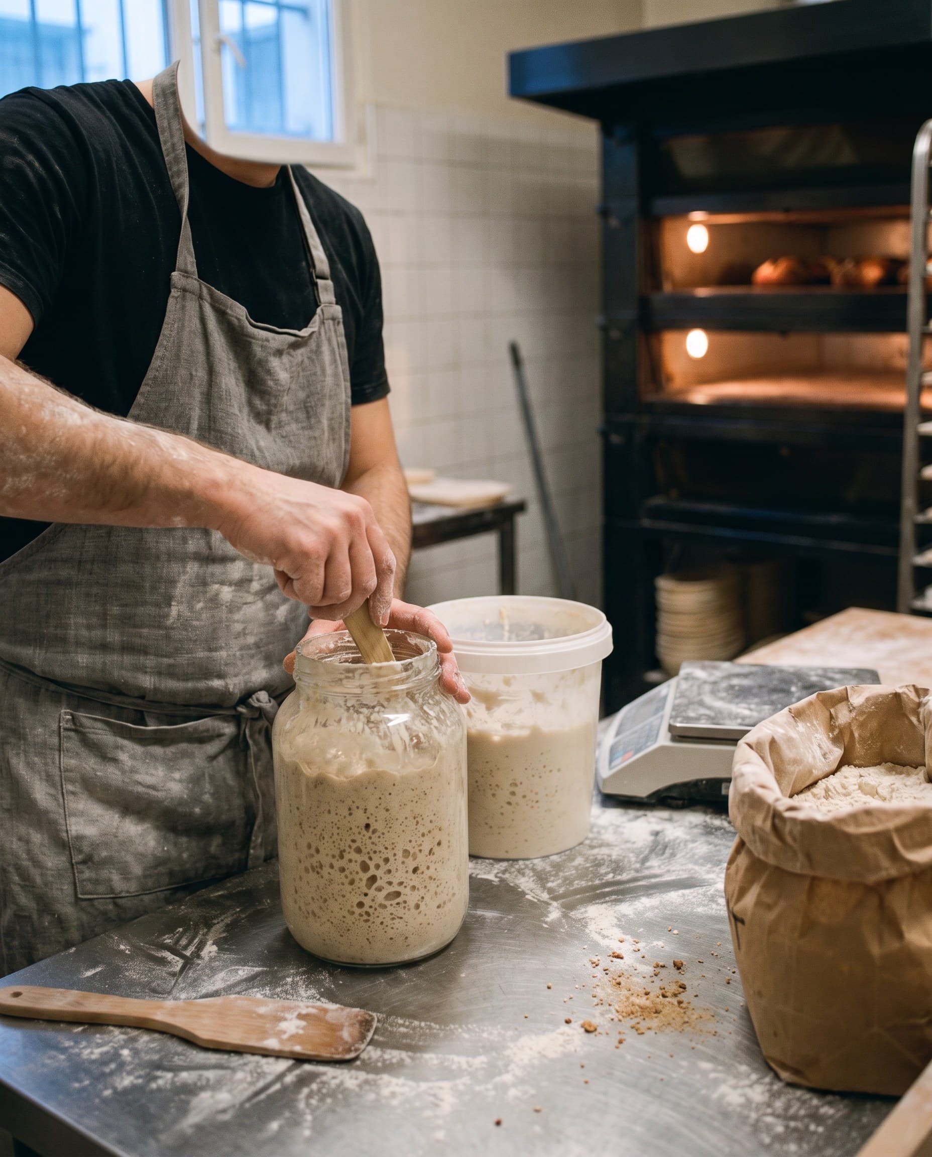 Le boulanger nourrit le levain dans un grand bocal