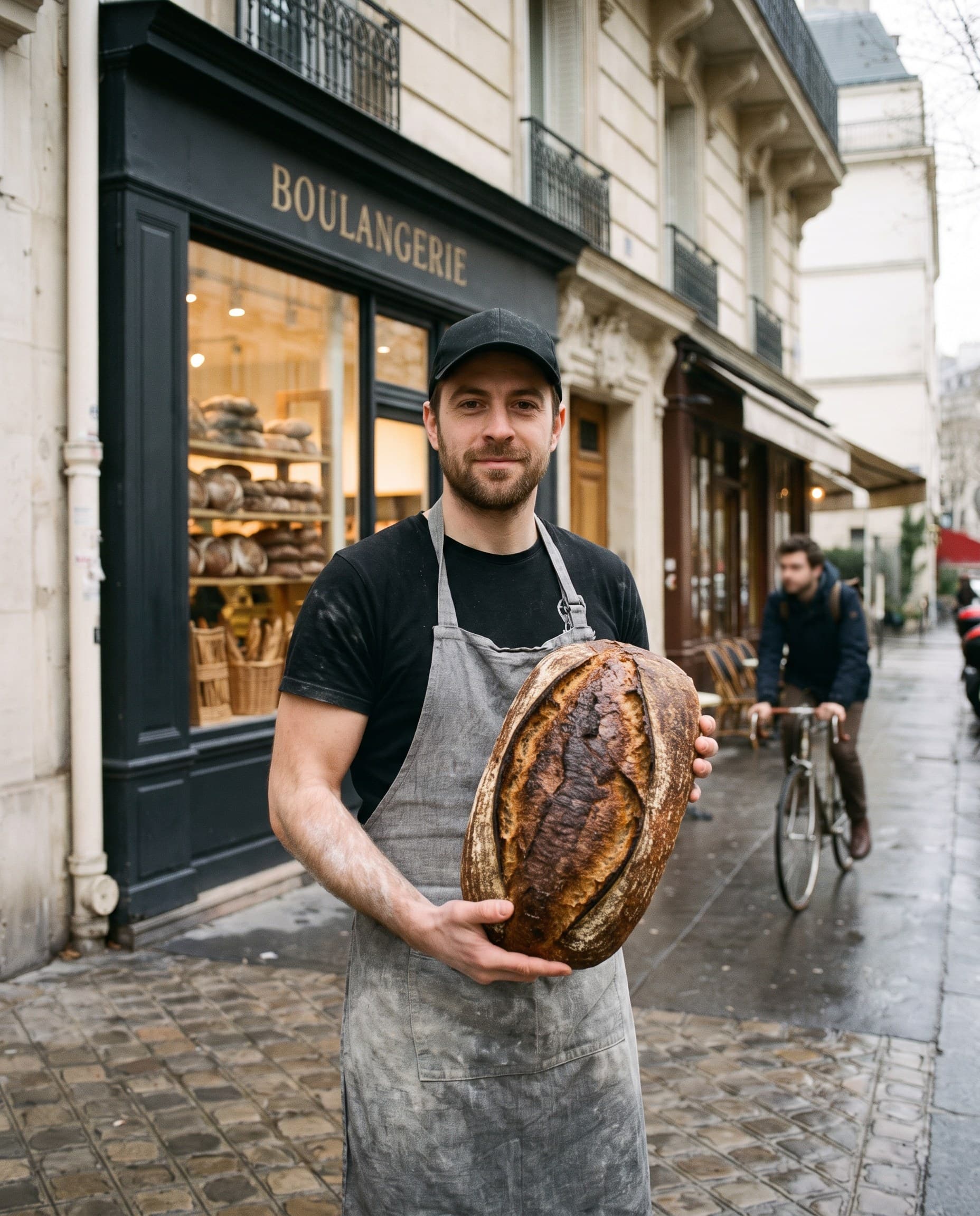 Le boulanger dans la rue, devant la boutique, une grosse miche dans les mains