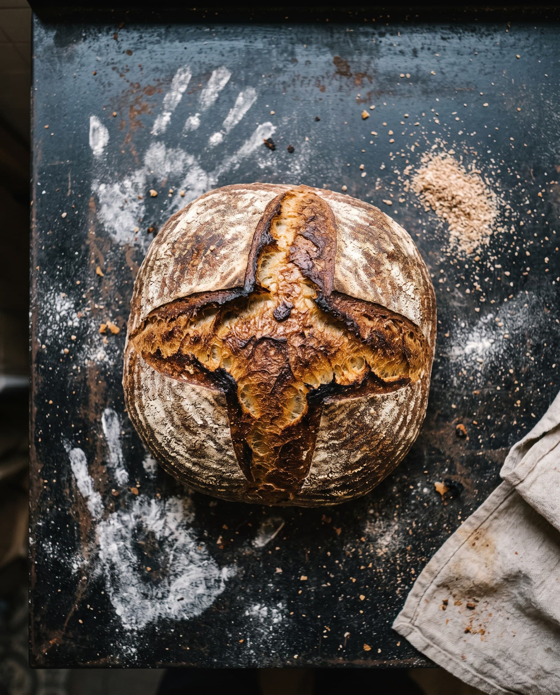 Grande miche au levain, croûte grignée en croix, sur un plan sombre fariné