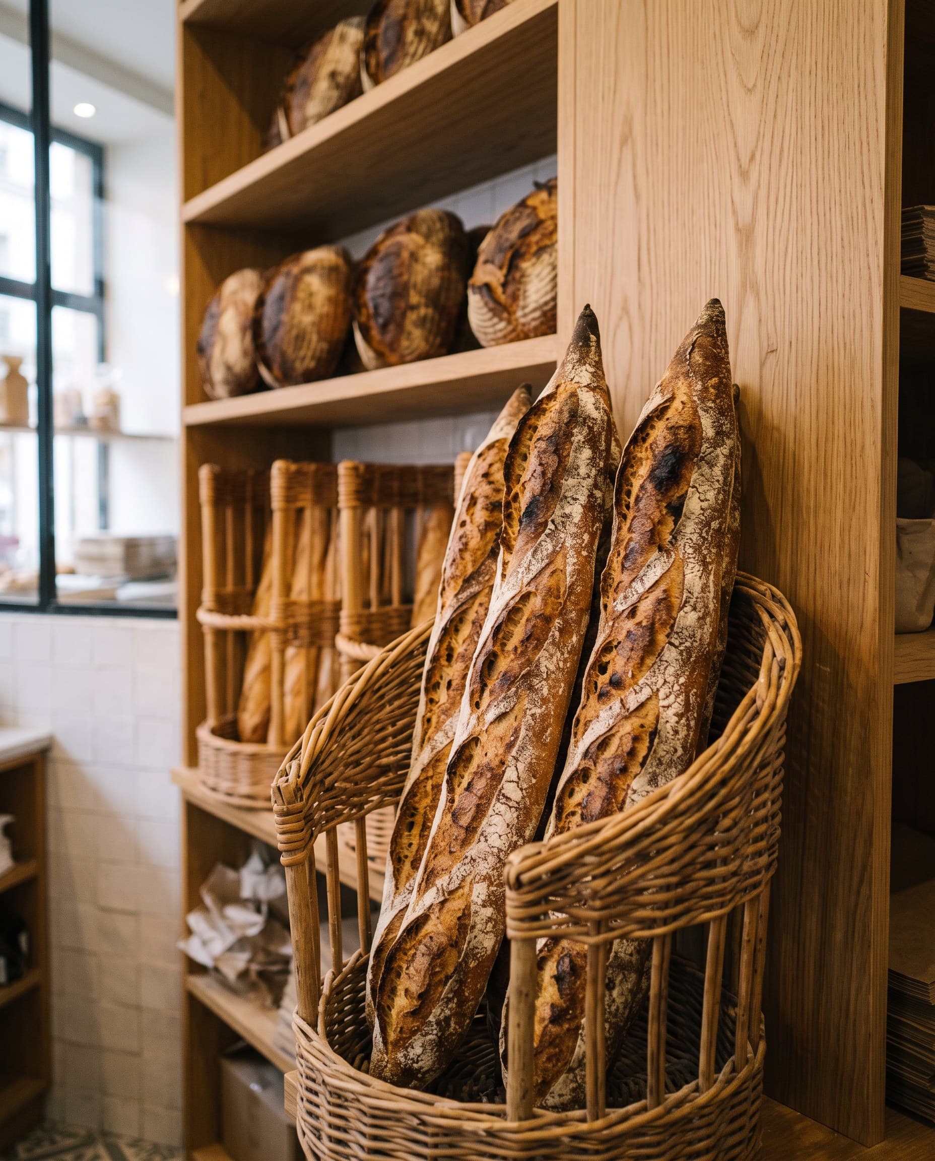 Baguettes au levain dressées dans un panier en osier, devant les étagères en chêne