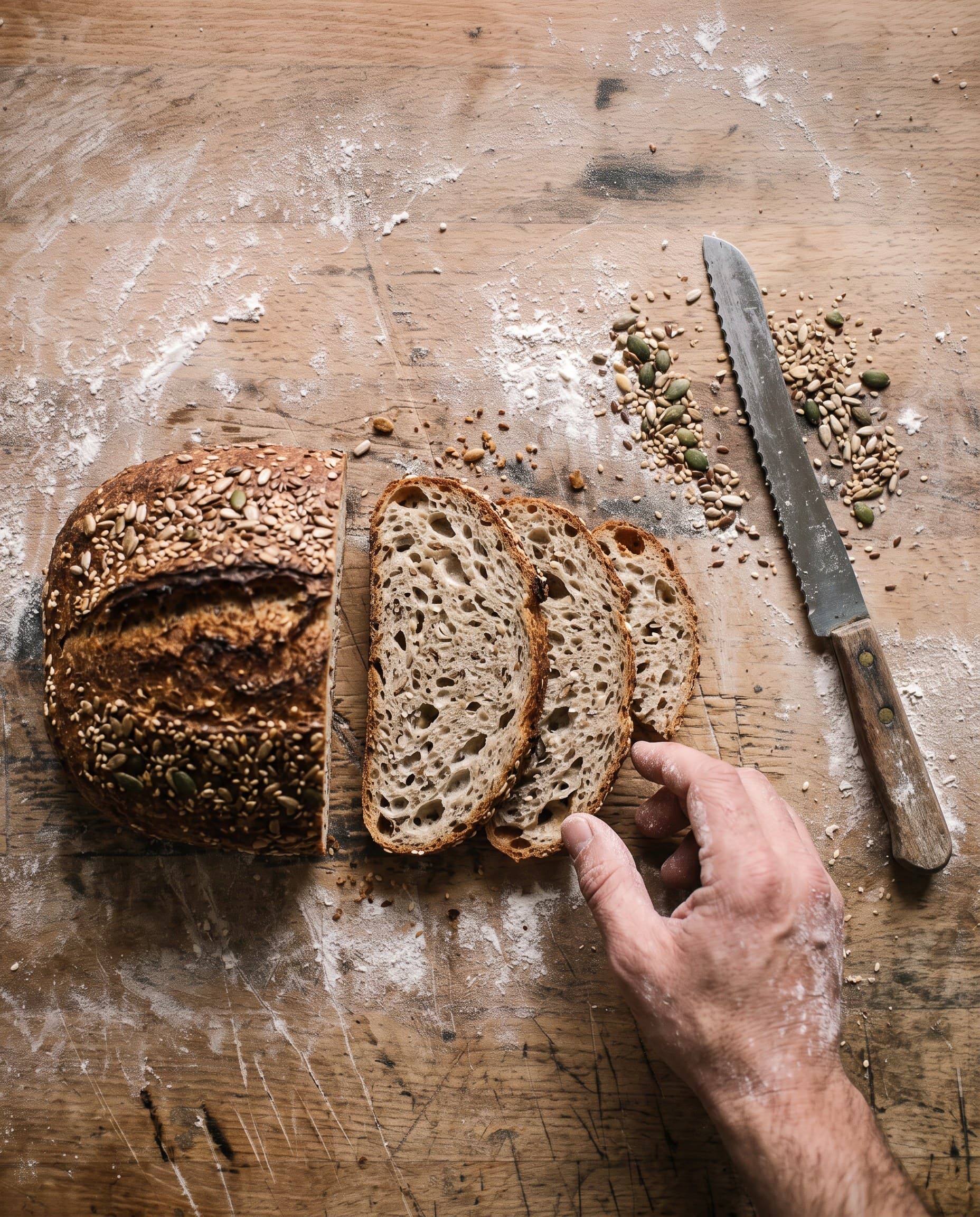 Pain aux graines tranché, mie alvéolée, graines éparpillées et couteau à pain