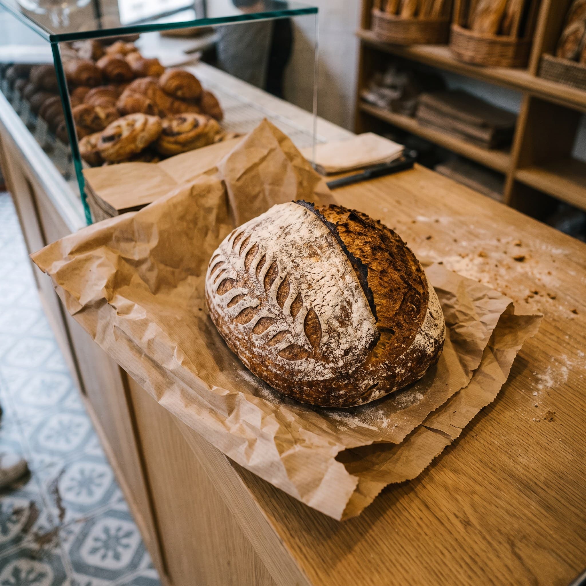 Pain de petit épeautre fariné, posé sur un papier kraft au comptoir