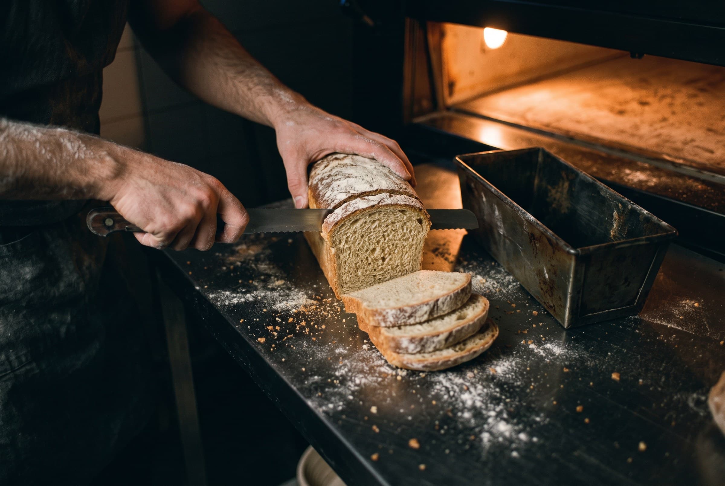 Pain de mie au levain tranché à la sortie du moule, devant le four