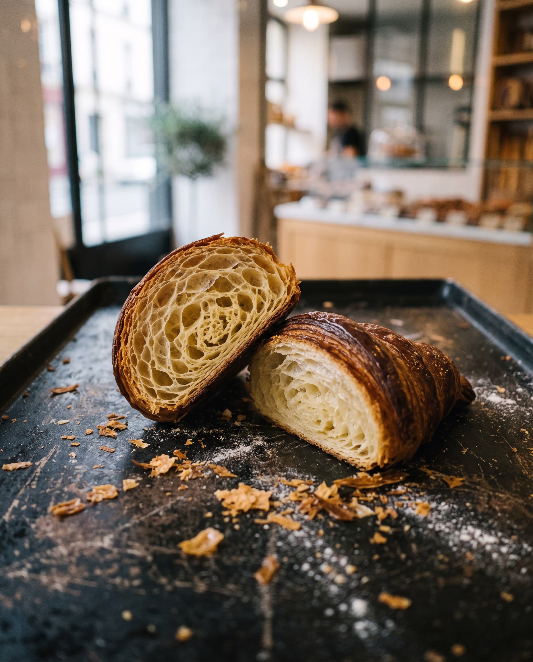Croissant coupé en deux, feuilletage en alvéoles, sur un plan sombre