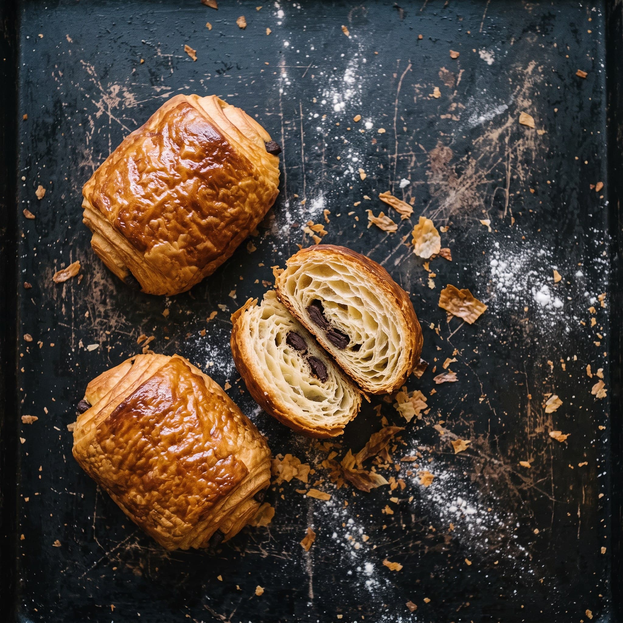 Pains au chocolat vus de dessus, l'un coupé, sur un plan sombre fariné