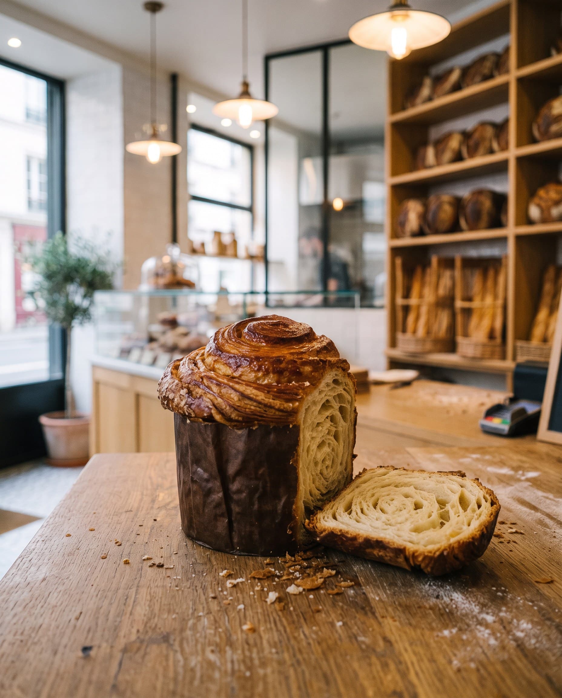 Brioche feuilletée cuite en moule, une tranche coupée, au comptoir