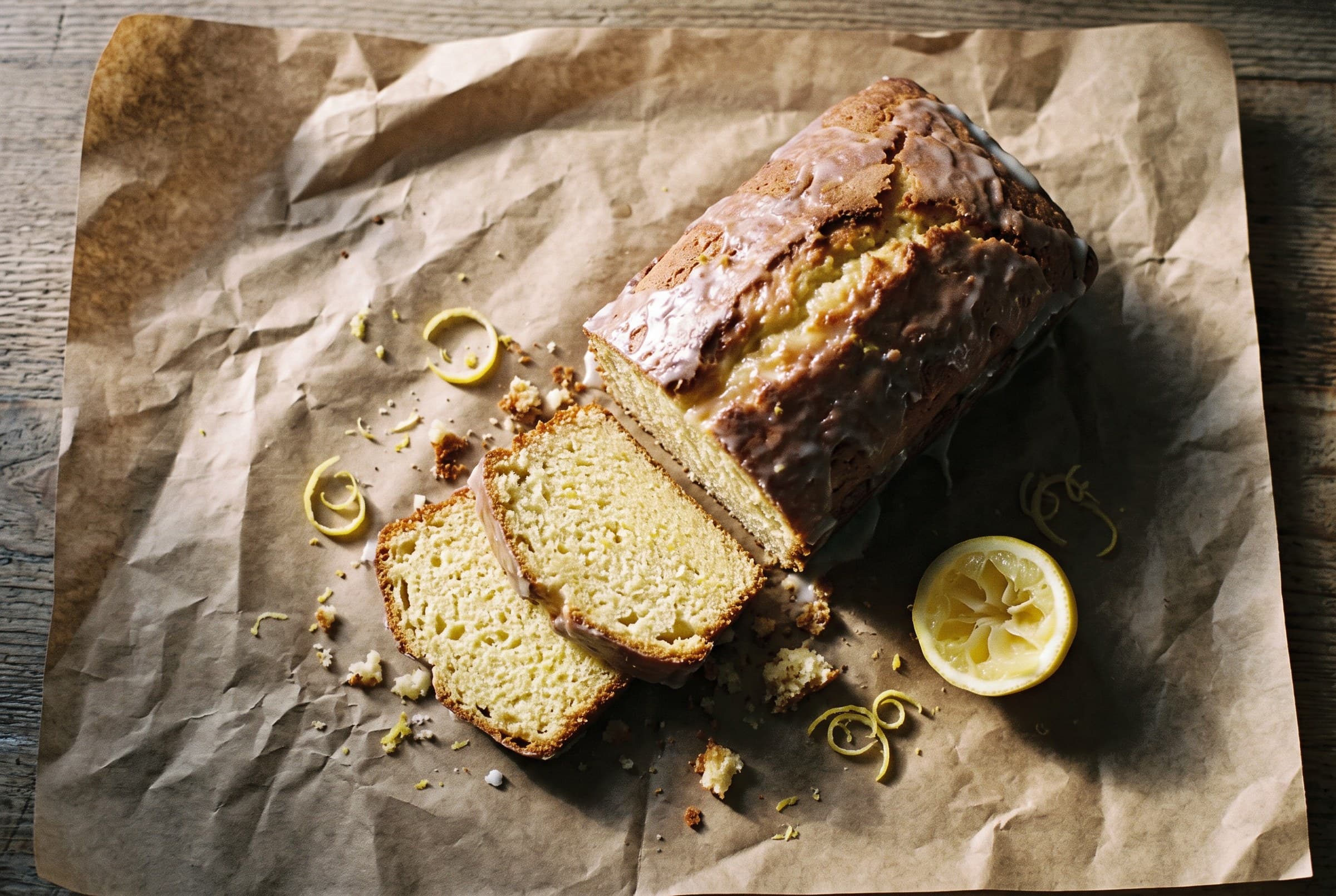 Cake au citron tranché sur un papier kraft, zestes et demi-citron