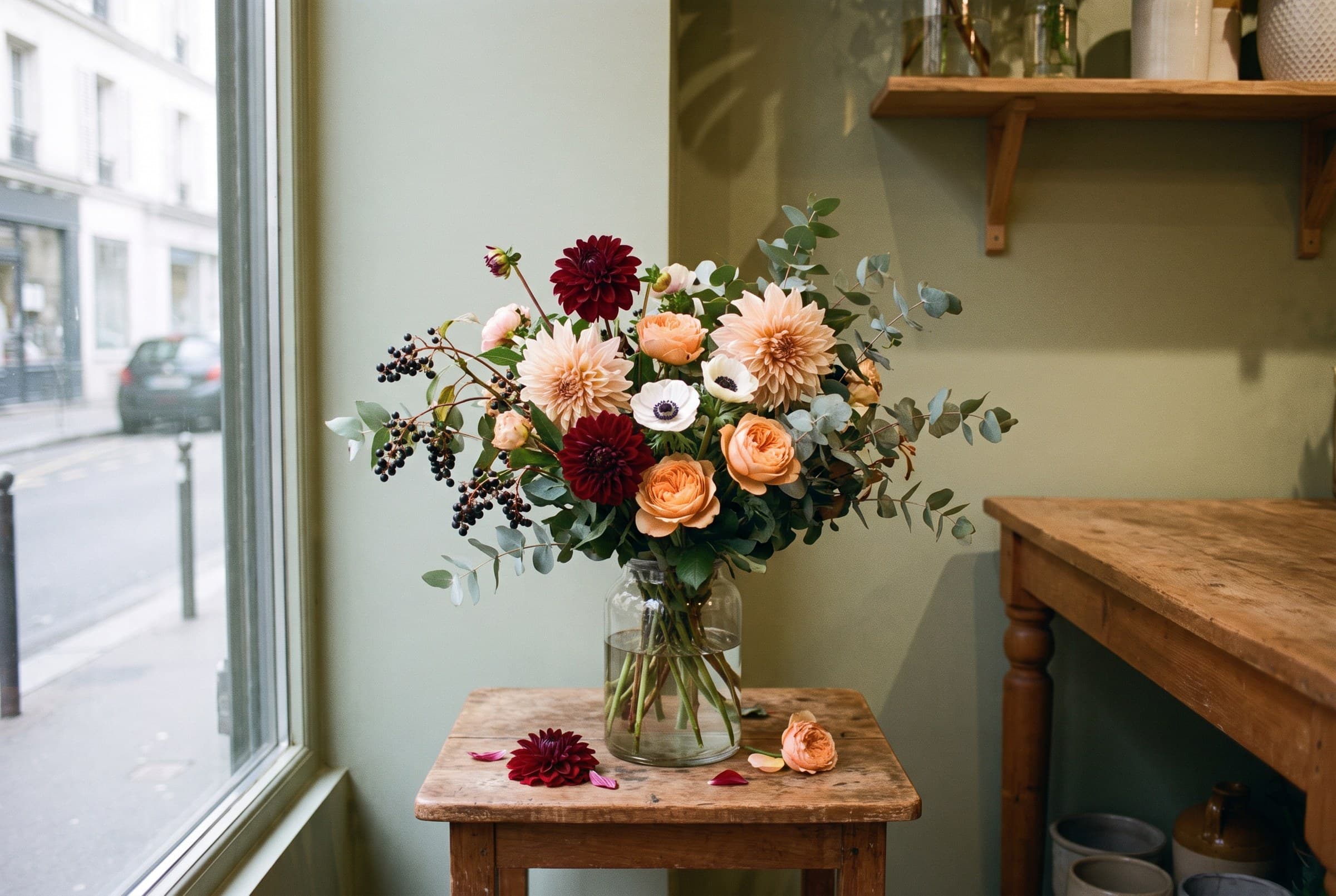 Le bouquet du moment dans un vase, près de la vitrine