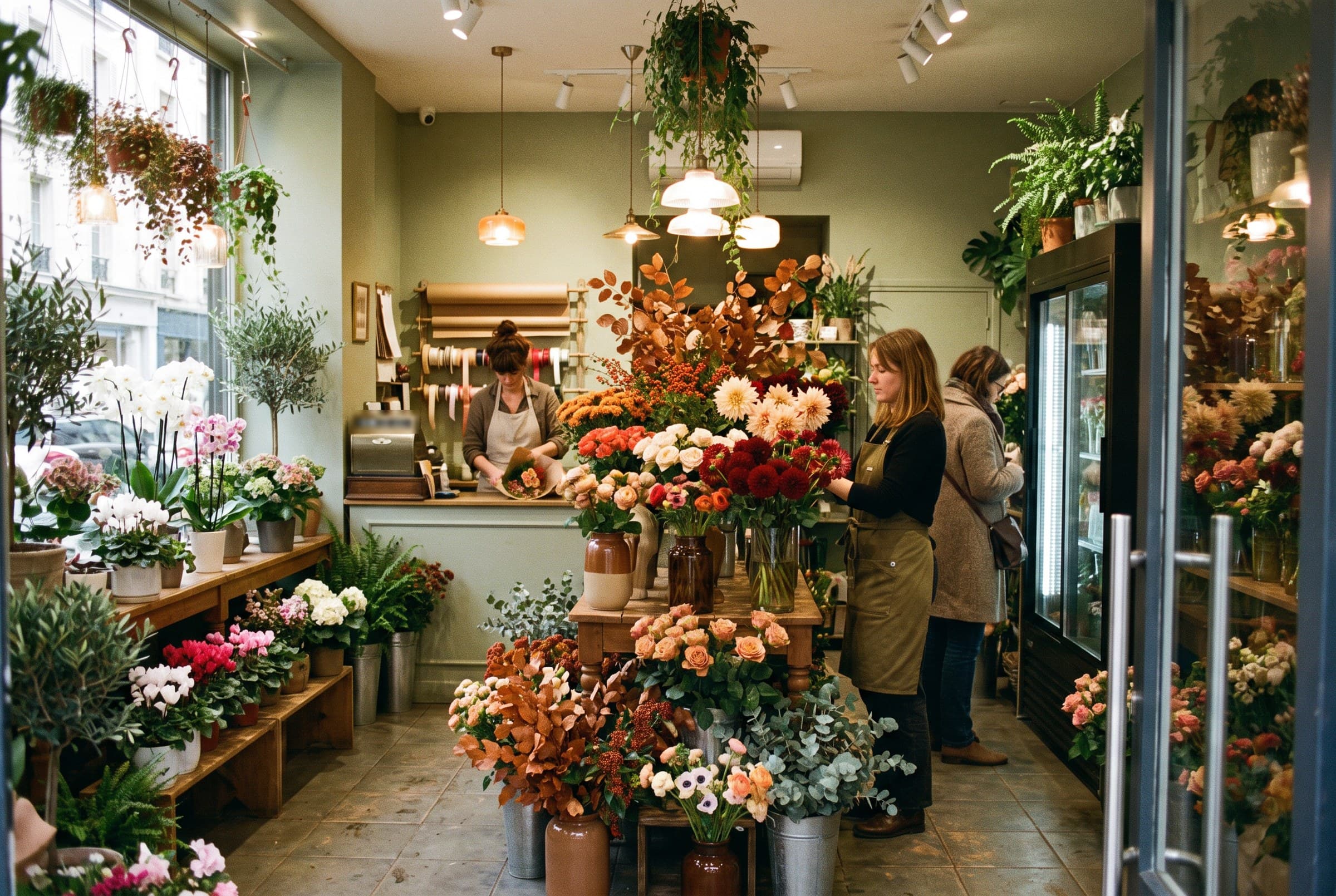 L'intérieur de la boutique : seaux de fleurs, plantes, et des clientes au comptoir