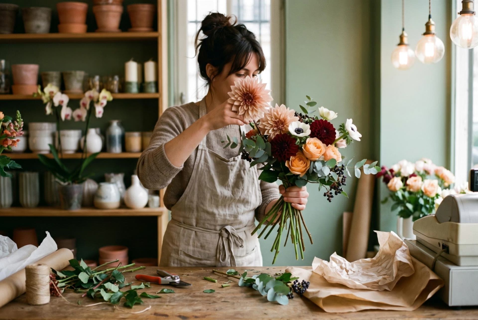 Jeanne ajoute un dahlia à un bouquet de saison et le fait tourner dans sa main