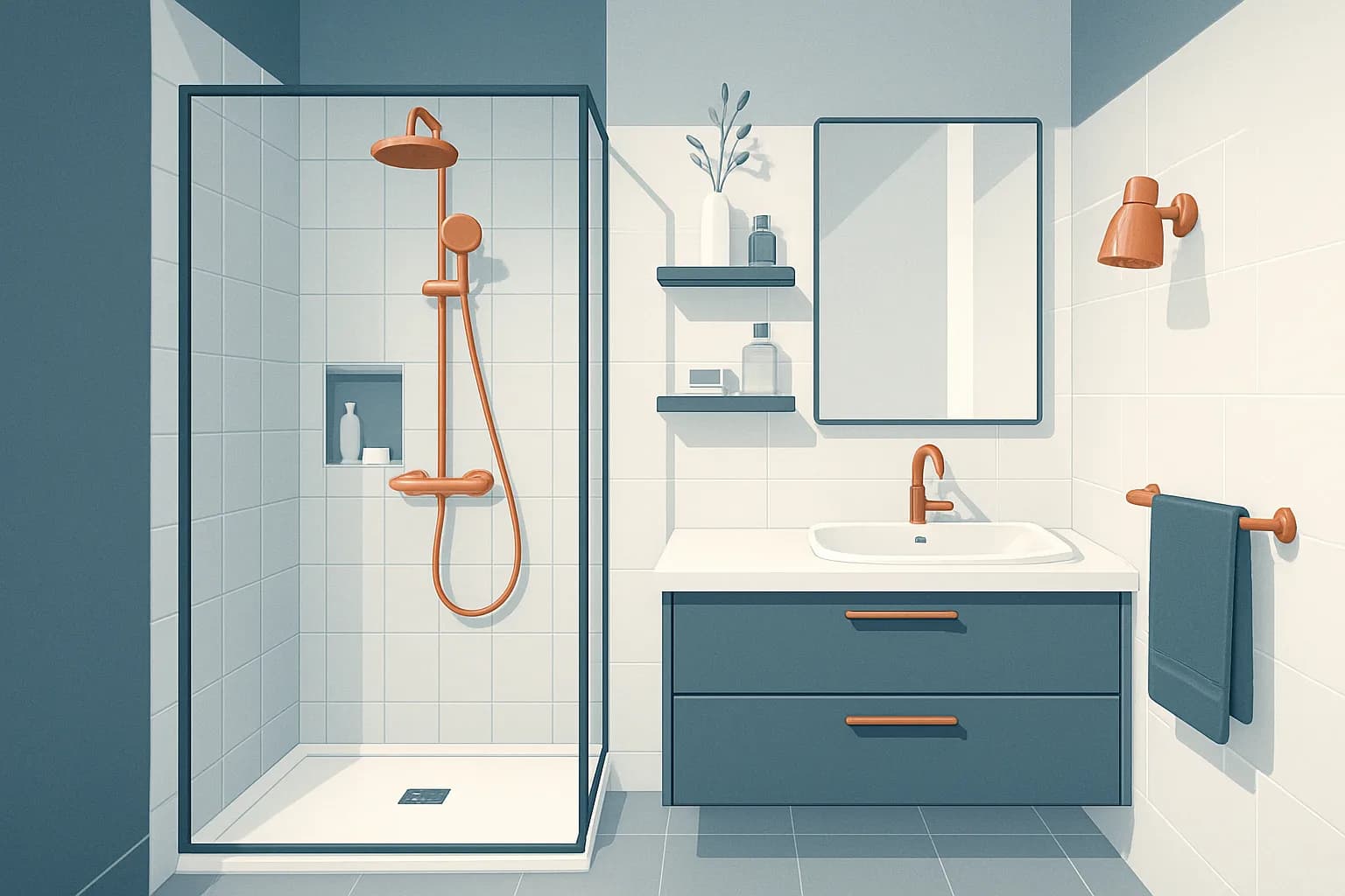 Après : salle de bain moderne avec douche à l'italienne et meuble vasque