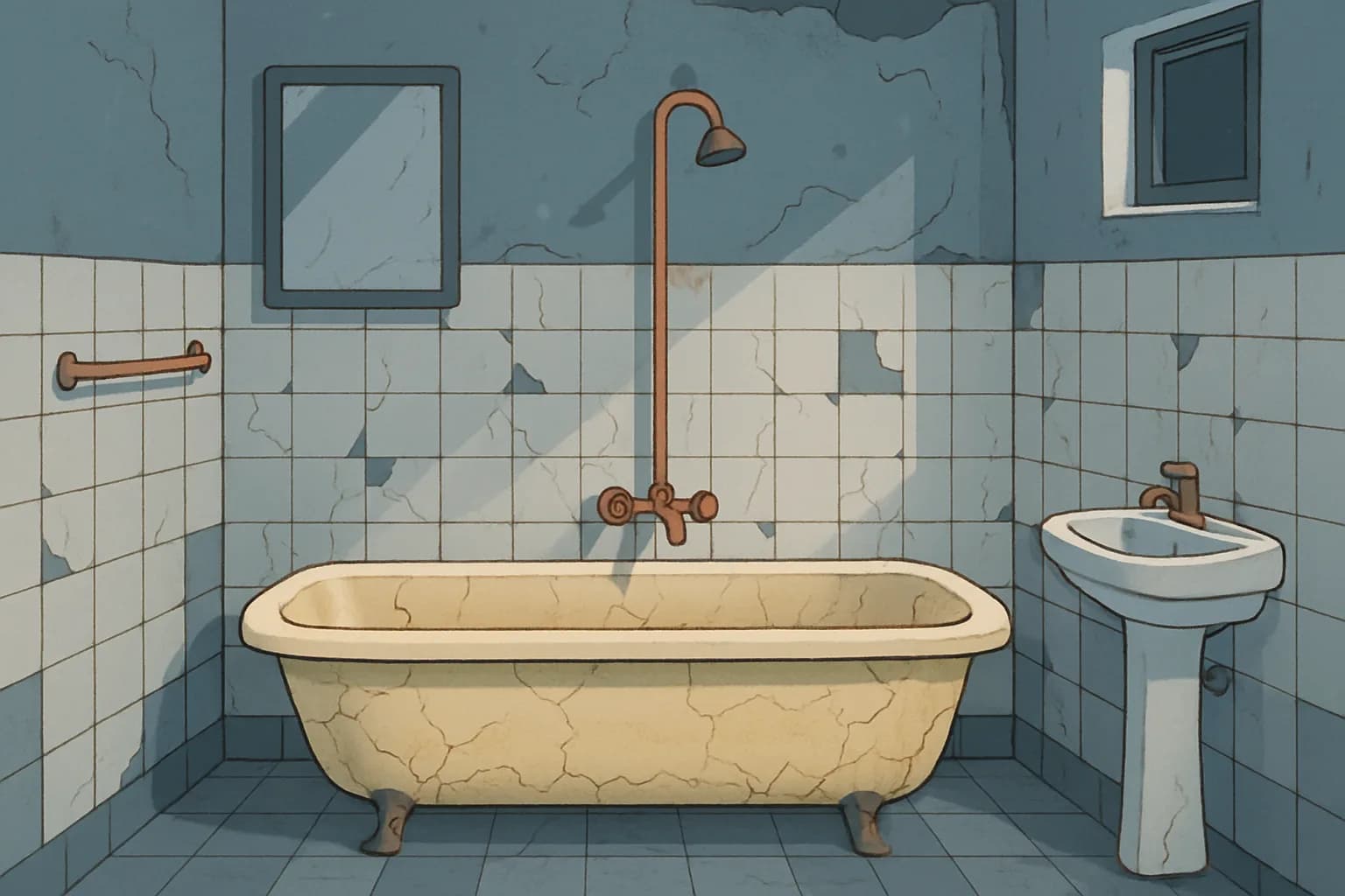 Avant : ancienne salle de bain avec baignoire jaunie et carrelage fendu
