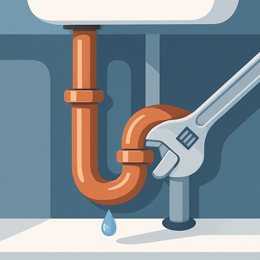 Tuyau en cuivre sous un évier, goutte d'eau et clé à molette