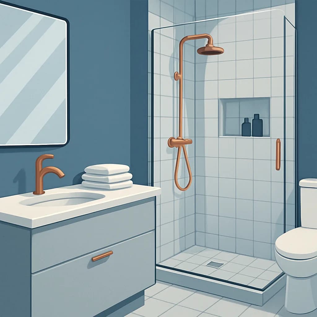 Salle de bain contemporaine avec douche à l'italienne et robinetterie cuivre