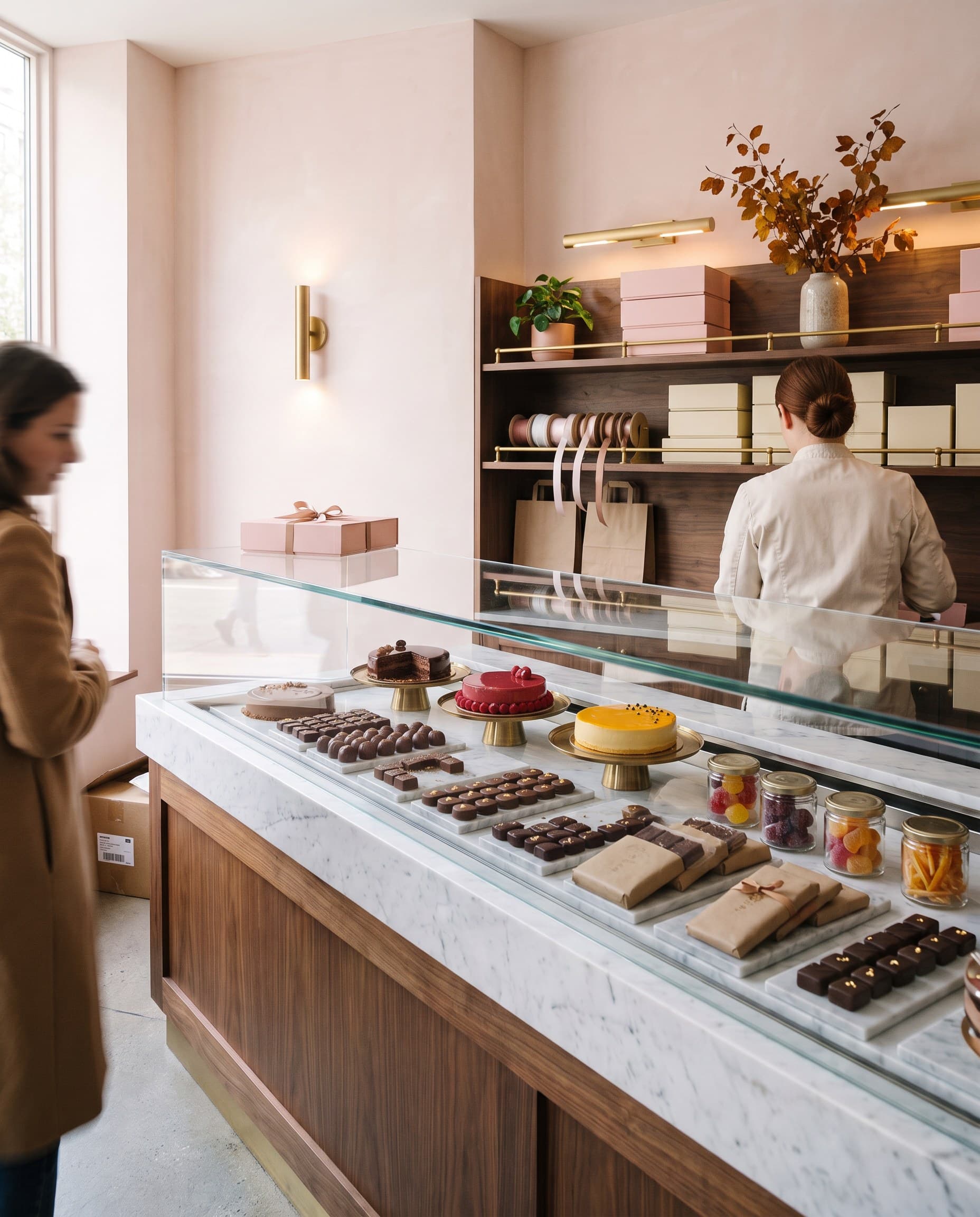 La boutique : comptoir de chocolats, étagères et lumière douce