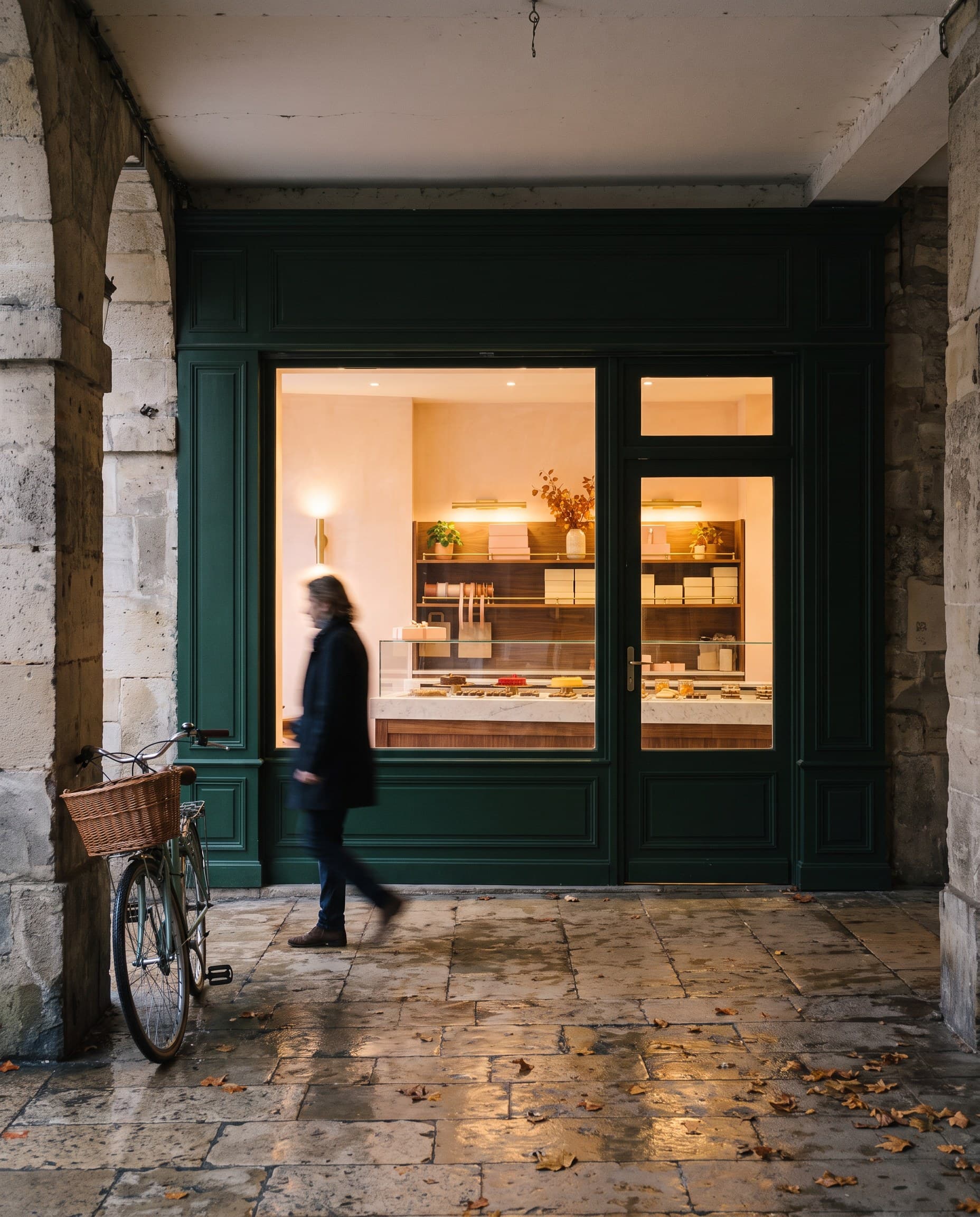 La façade vert sapin de la boutique, sous les arcades