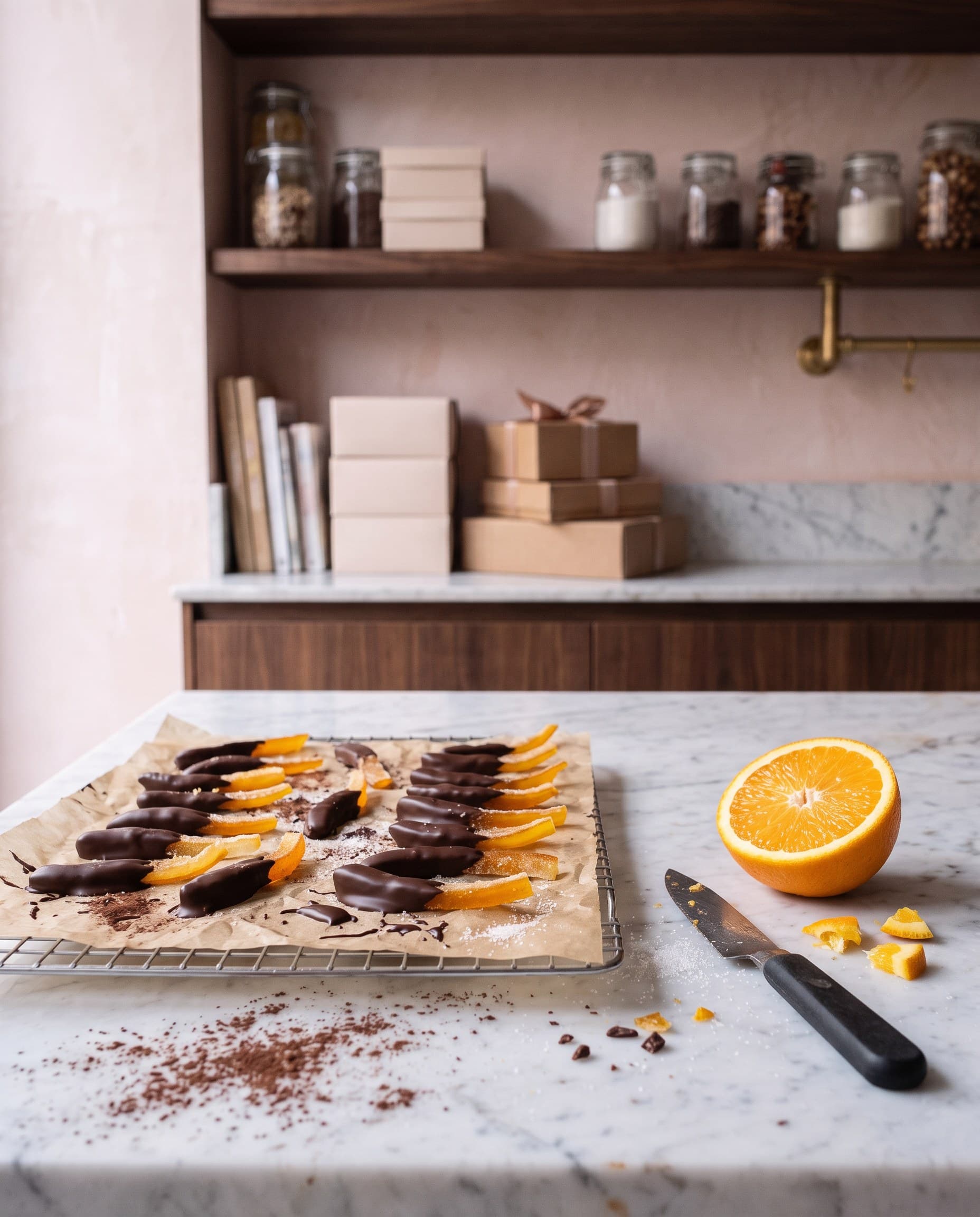 Orangettes enrobées de chocolat noir, une orange coupée à côté