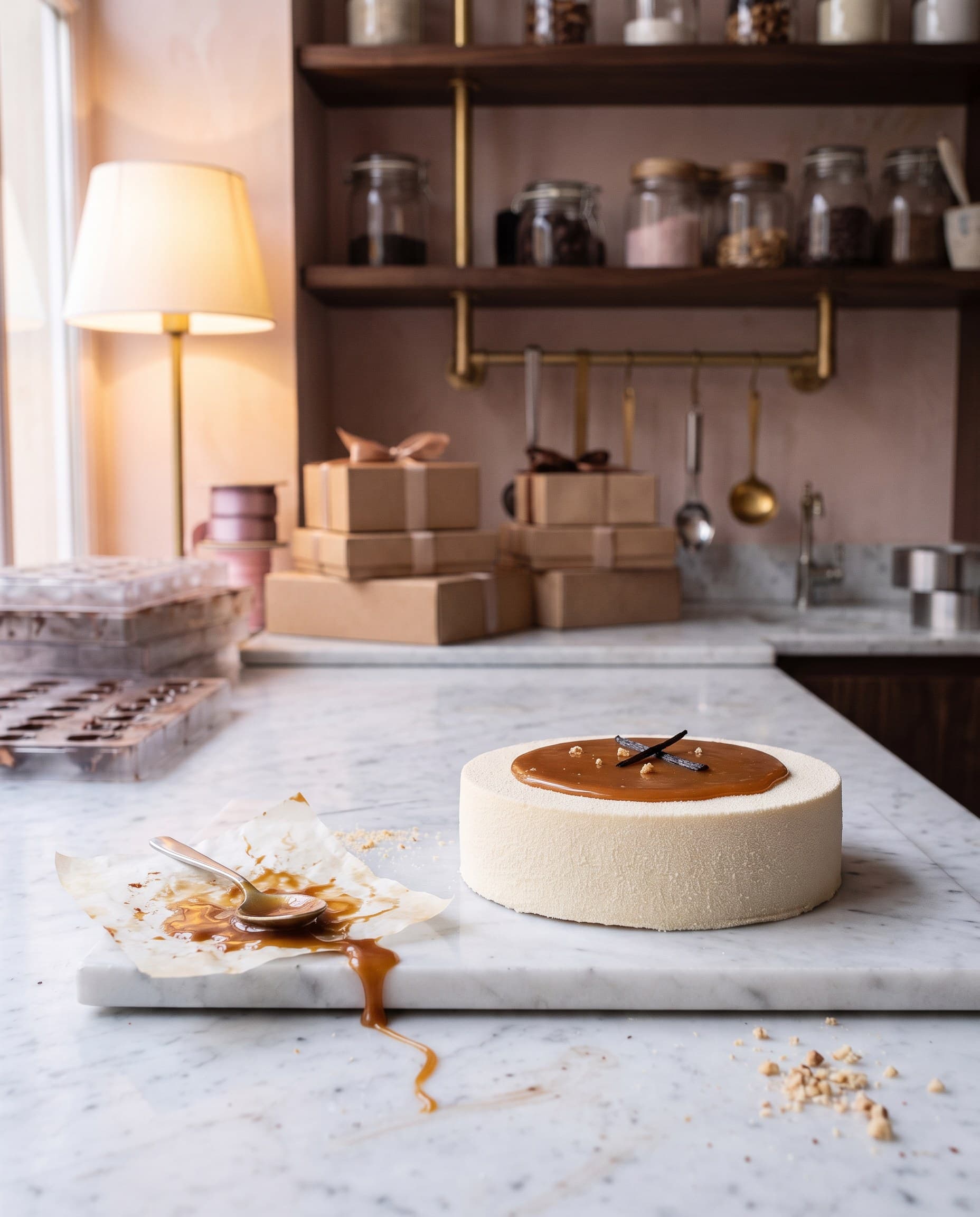Entremets vanille nappé de caramel, gousse de vanille posée à côté