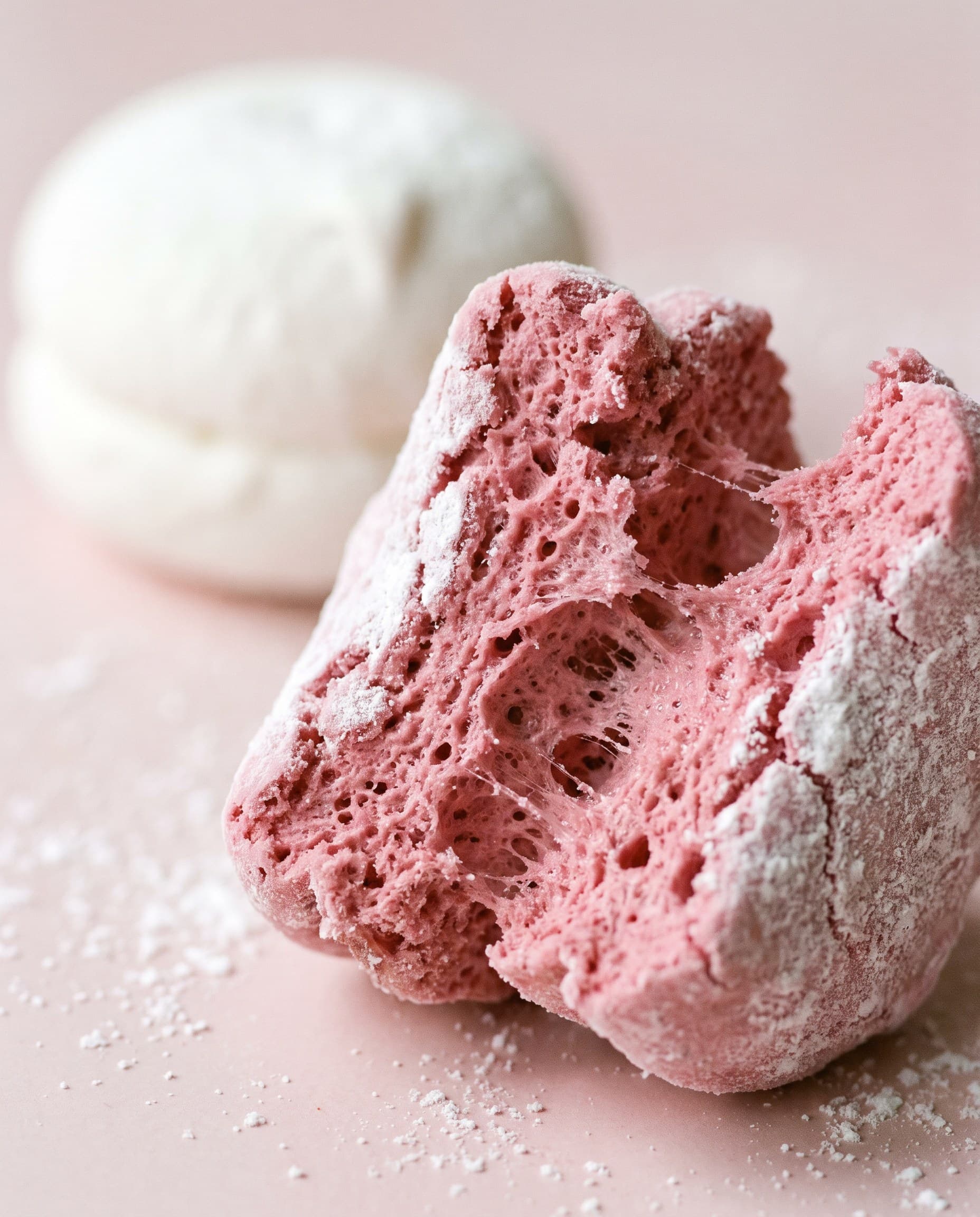 Gros plan sur une guimauve framboise rompue, une guimauve vanille derrière, sucre glace
