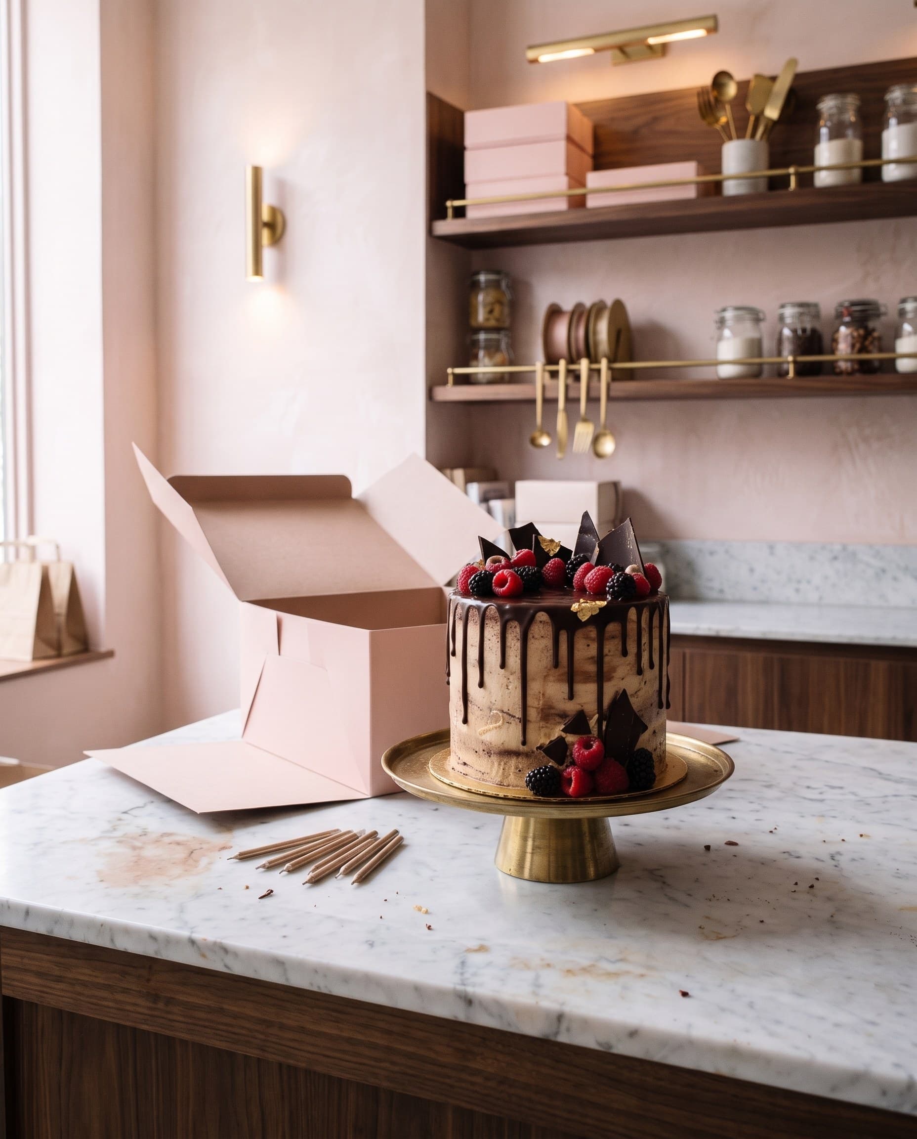 Gâteau d'anniversaire au chocolat décoré de fruits rouges