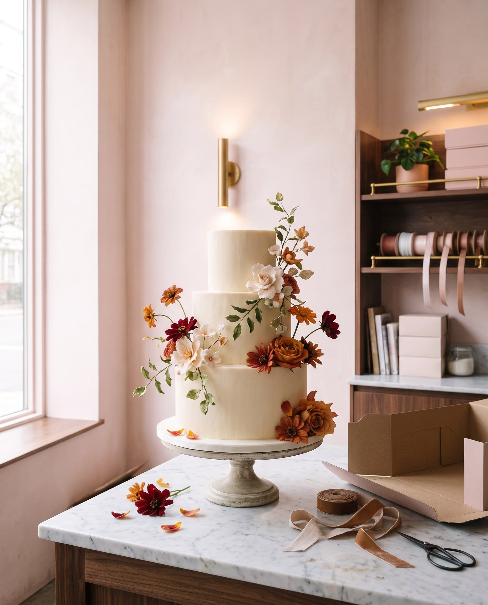 Gâteau de mariage à étages, crème et fleurs fraîches
