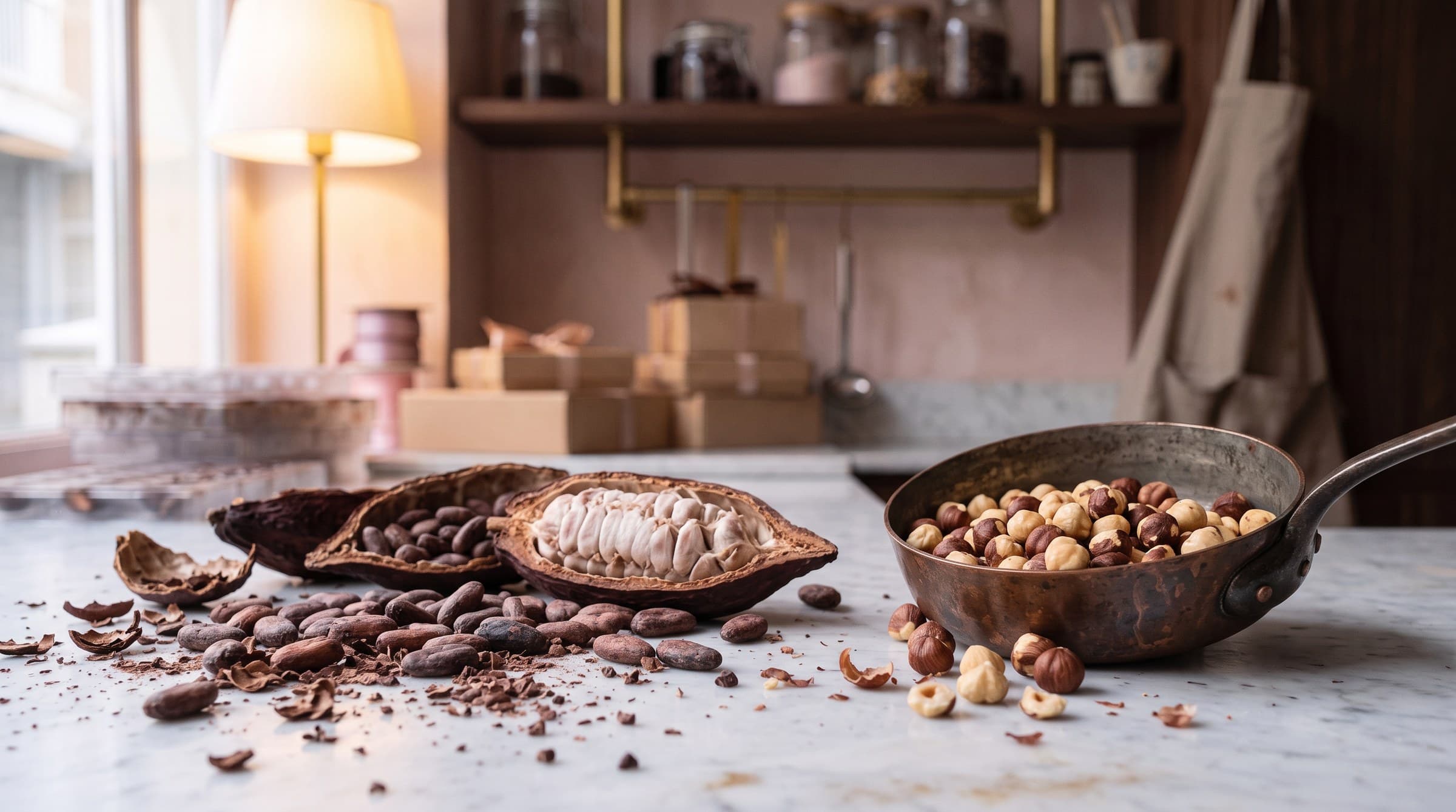 Fèves de cacao, noisettes et chocolat concassé sur le marbre de l'atelier