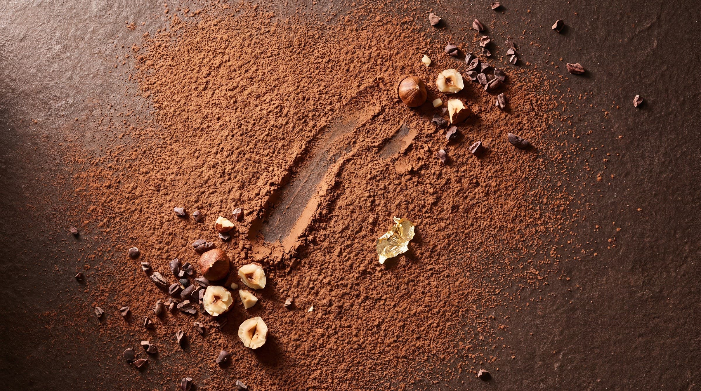 Poudre de cacao, noisettes et éclats de fèves sur une surface sombre