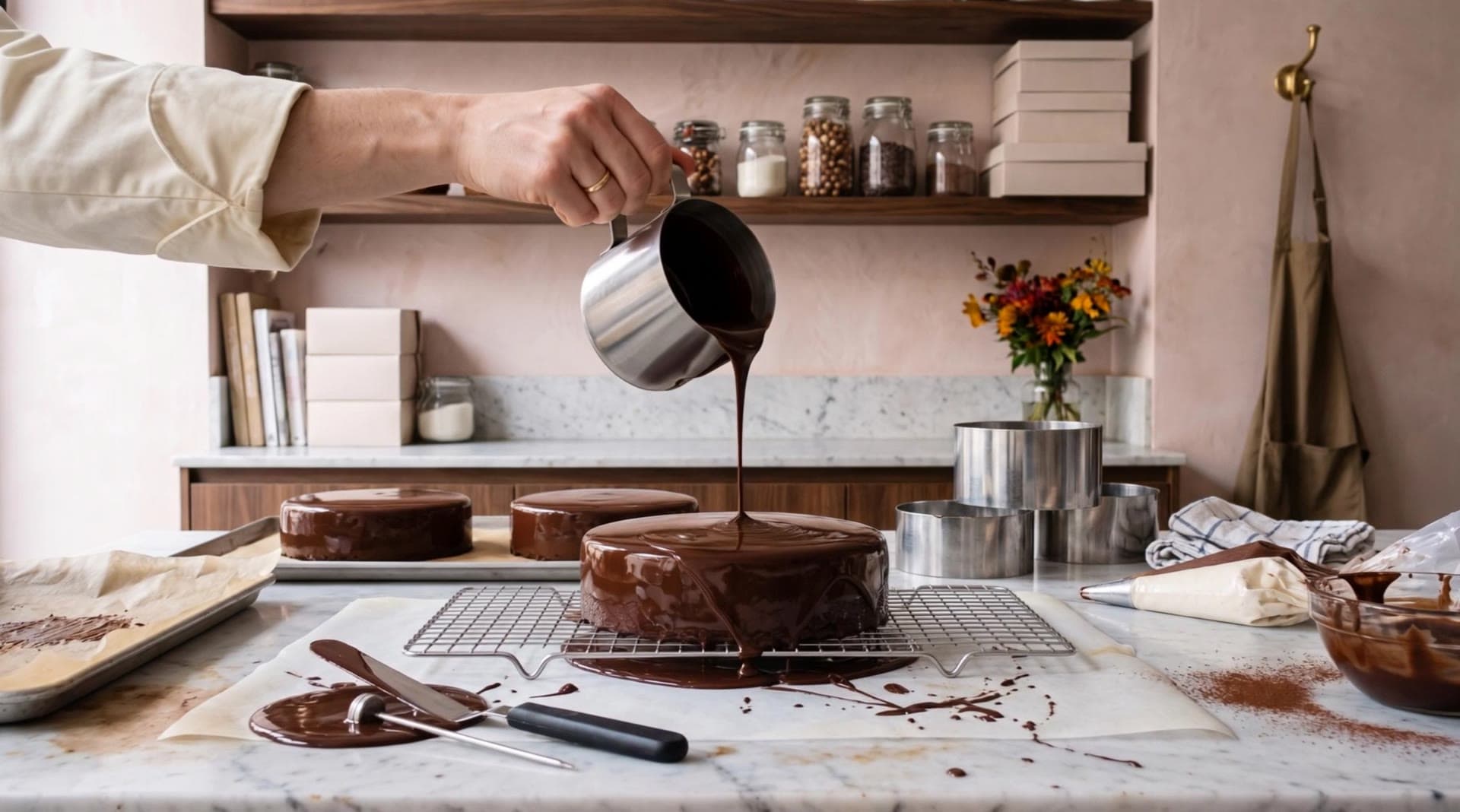 Un glaçage miroir au chocolat coule sur un entremets, à l'atelier