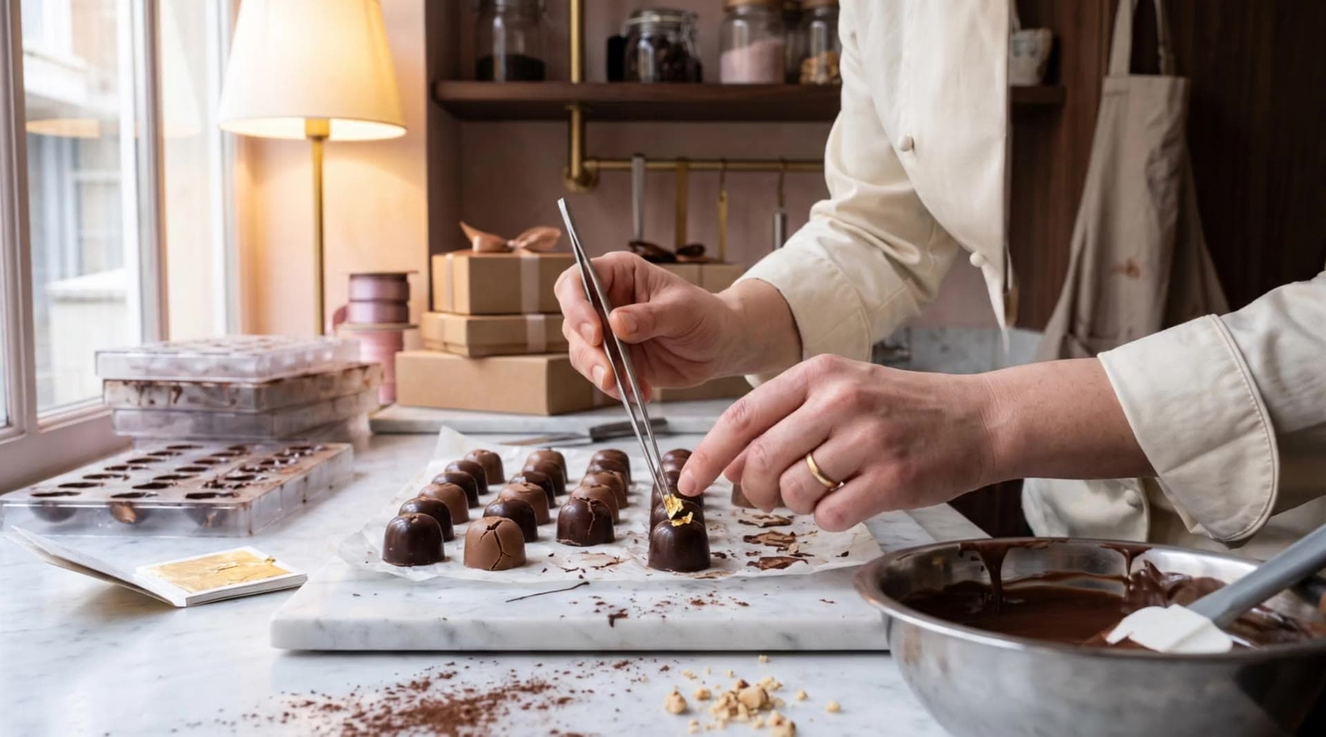 Une feuille d'or déposée sur un chocolat, à l'atelier