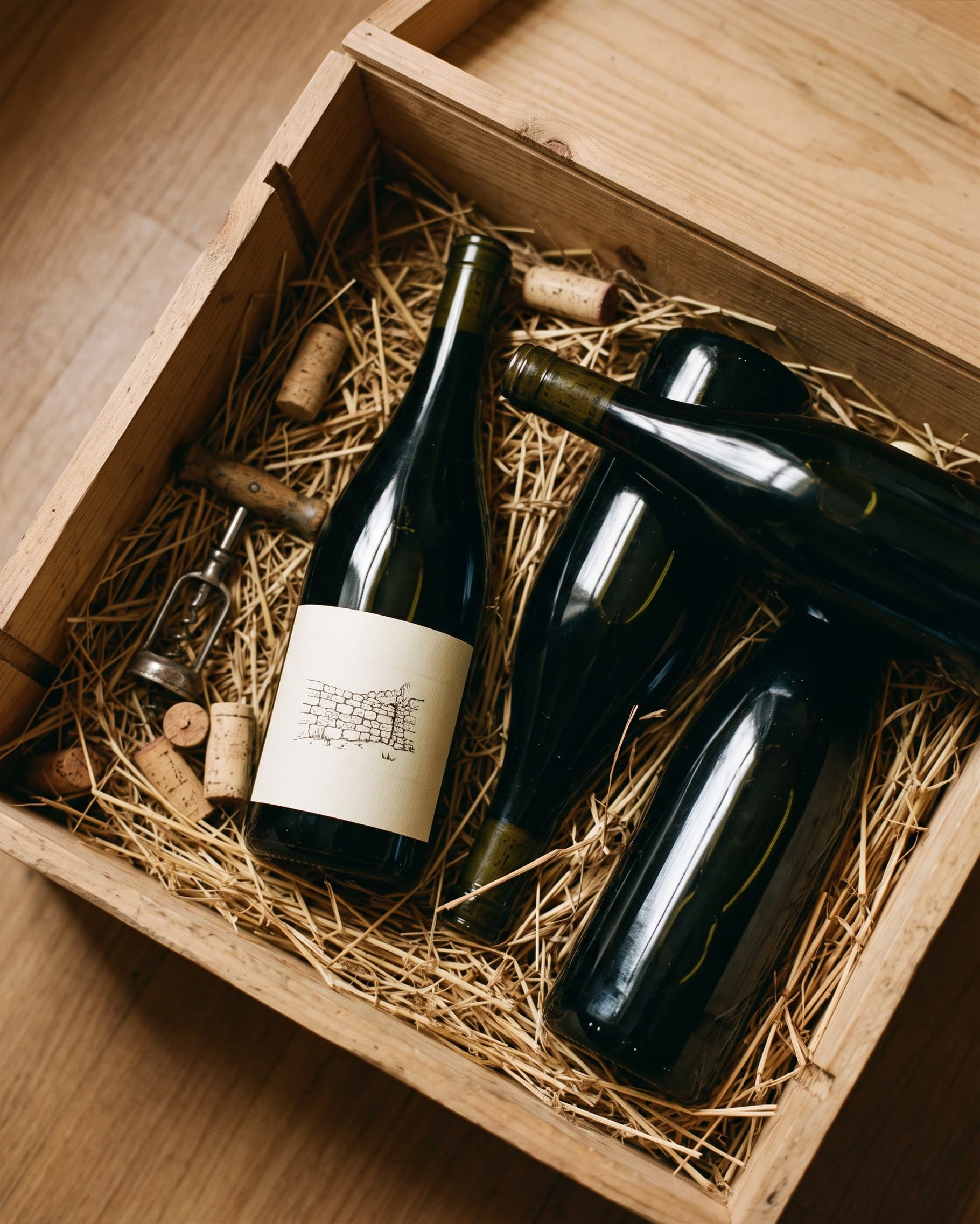Des bouteilles de bourgogne blanc dans leur caisse en bois, sur la paille