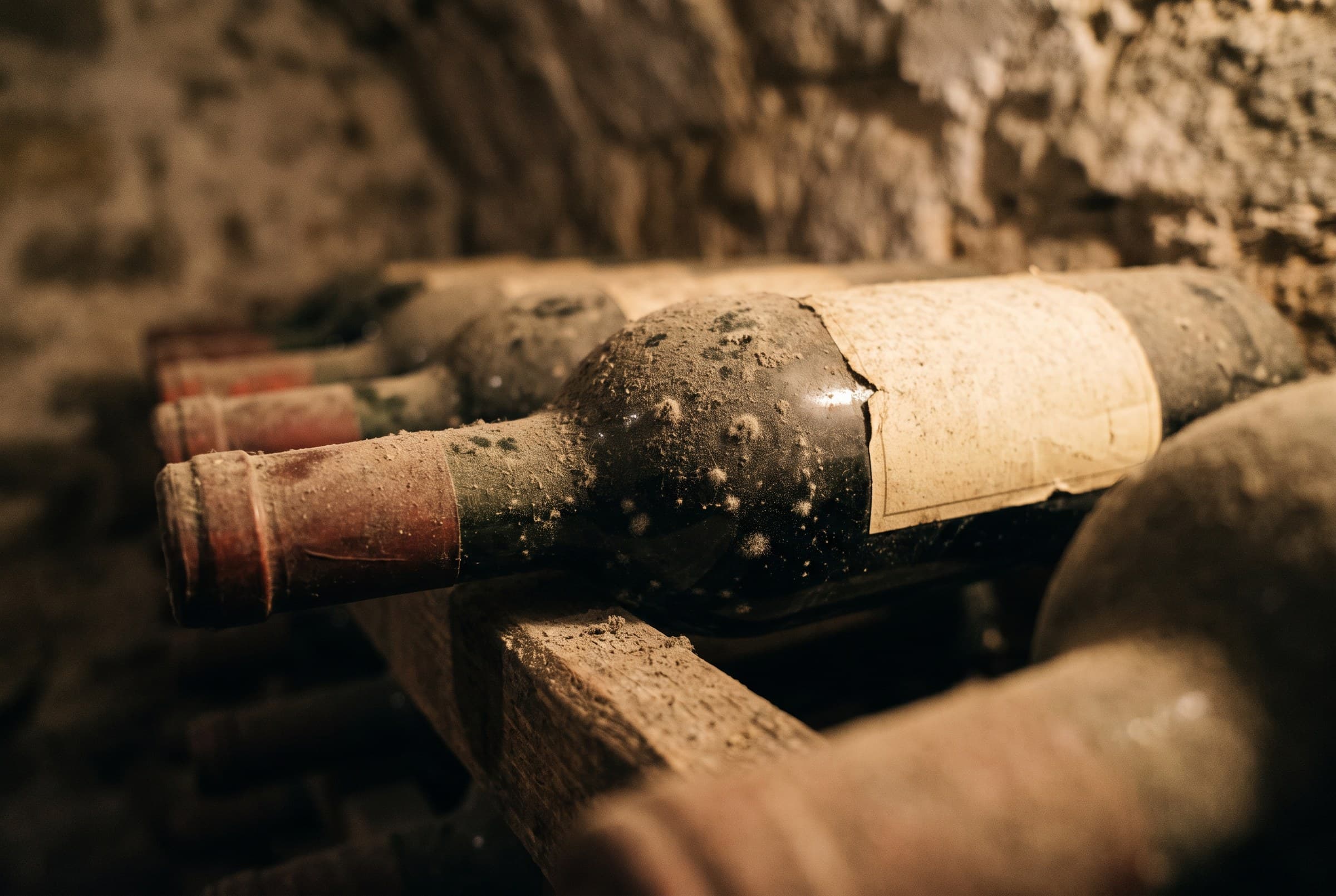 Un vieux millésime couché dans la cave, la bouteille couverte de poussière