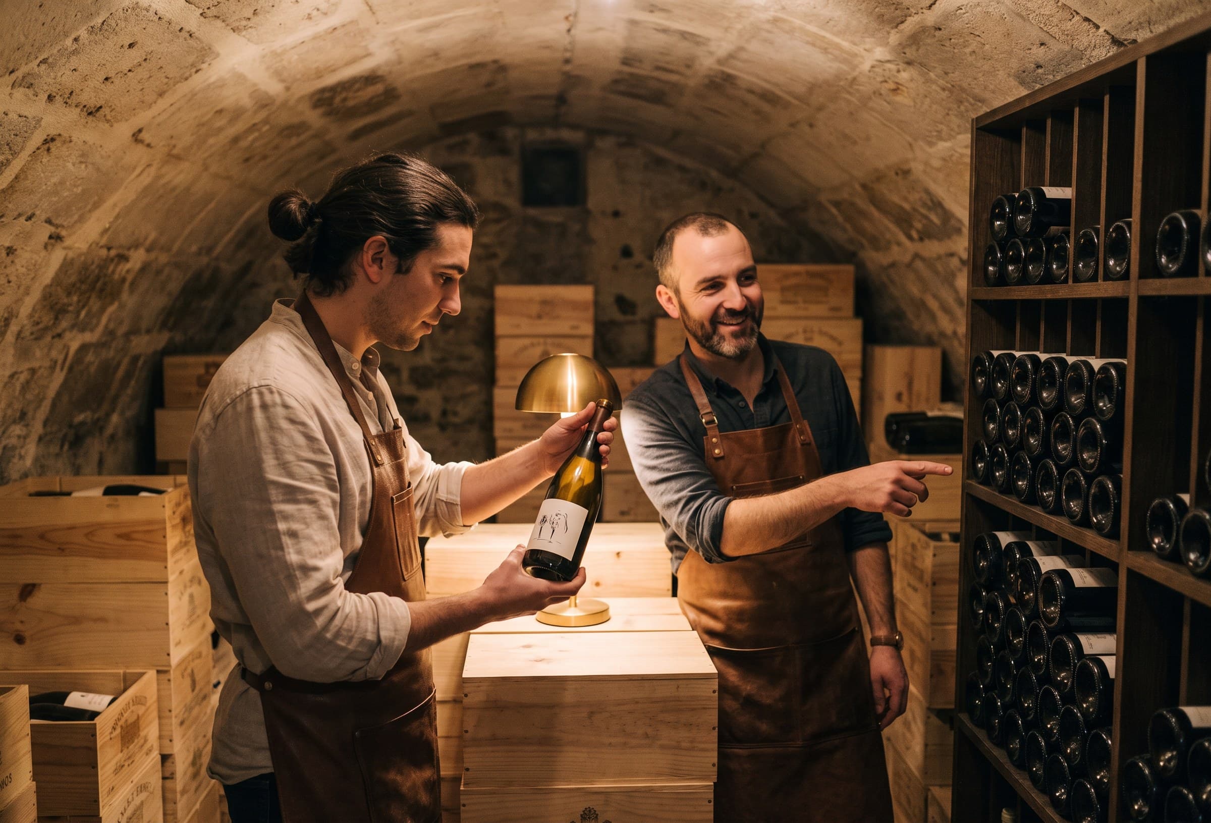 Julien et Thomas, les deux associés, dans la cave voûtée