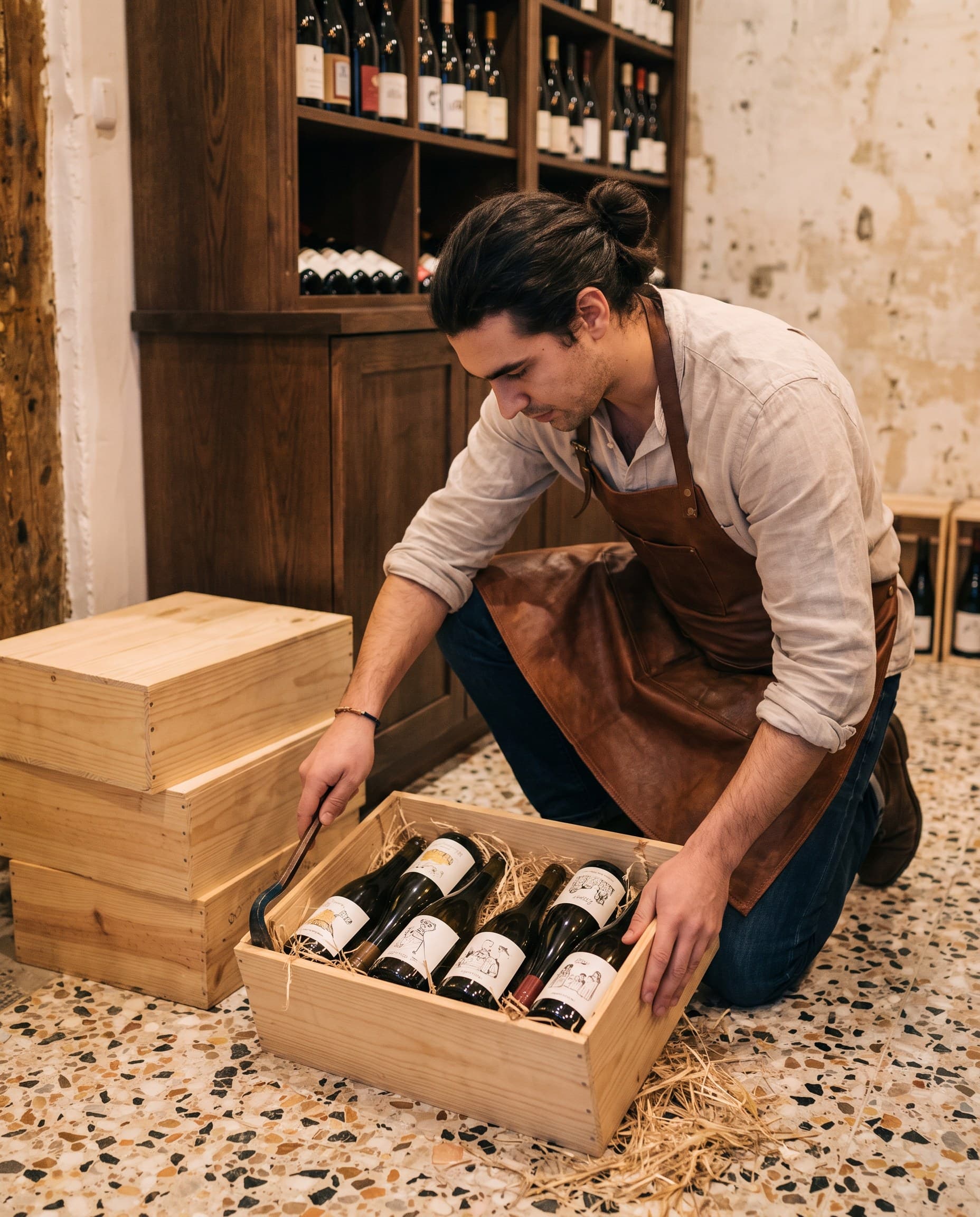 Julien ouvre une caisse de bouteilles arrivée d'un vigneron