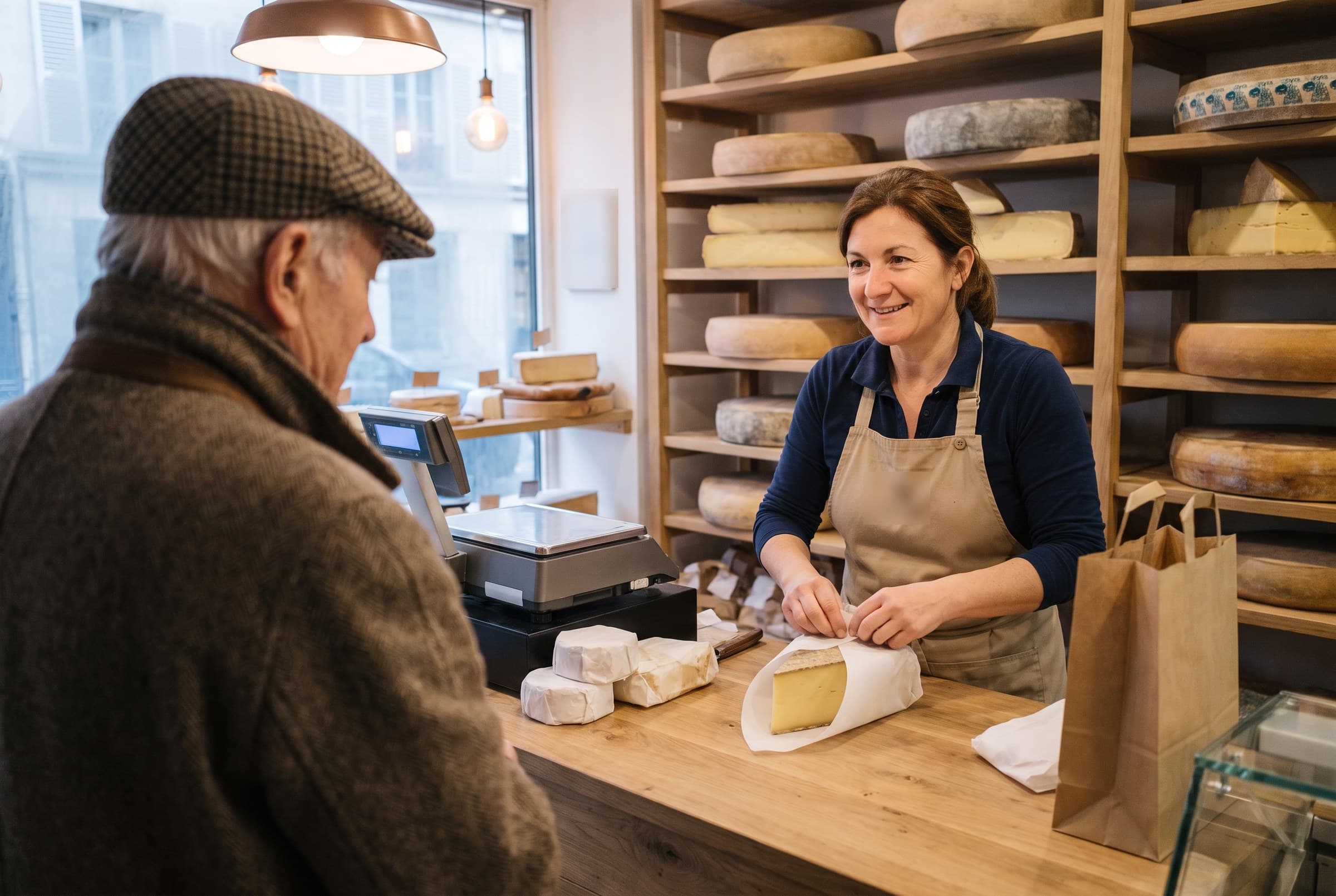 Claire emballe un morceau de fromage pour un habitué