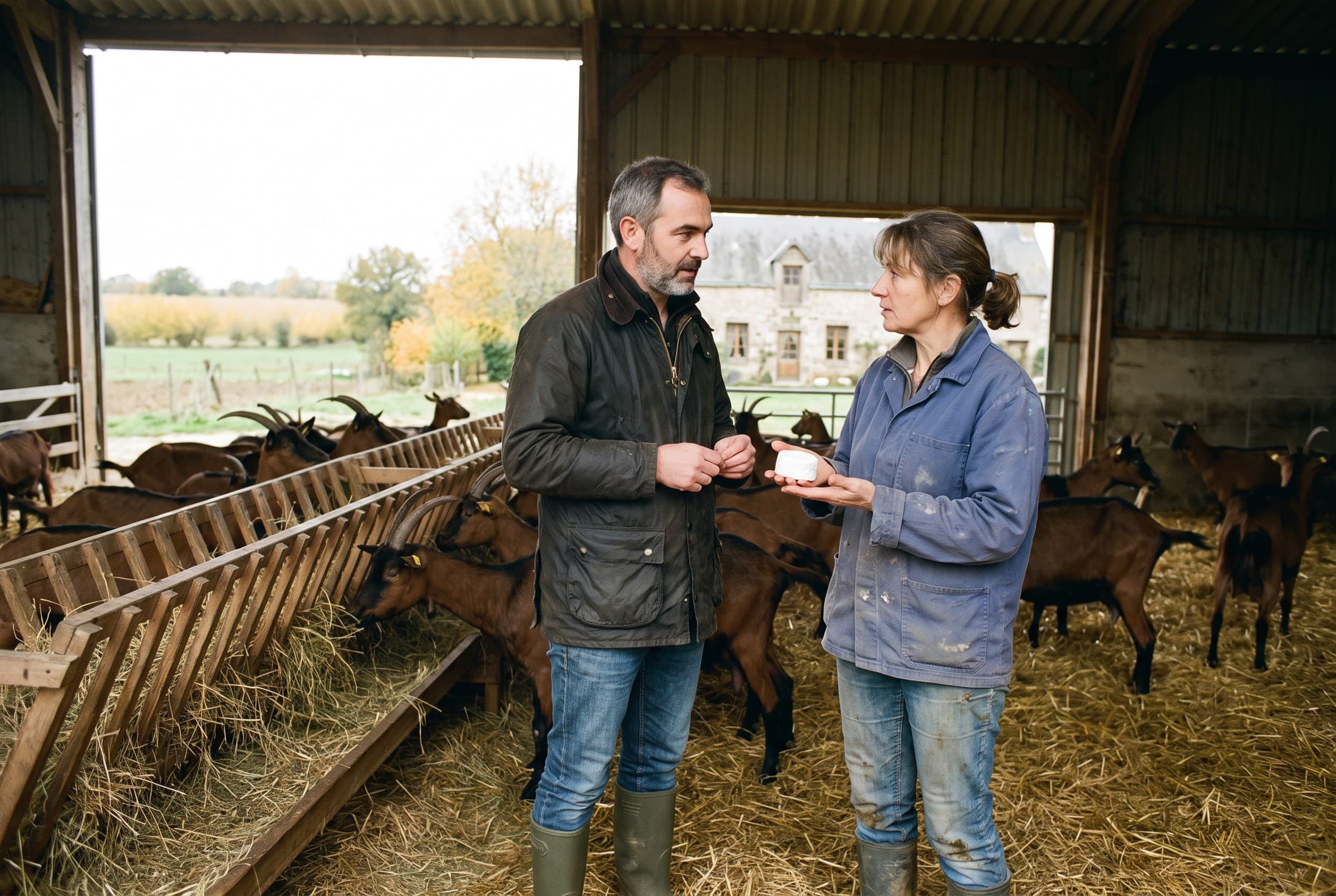 Mathieu chez une productrice de fromages de chèvre, dans la chèvrerie